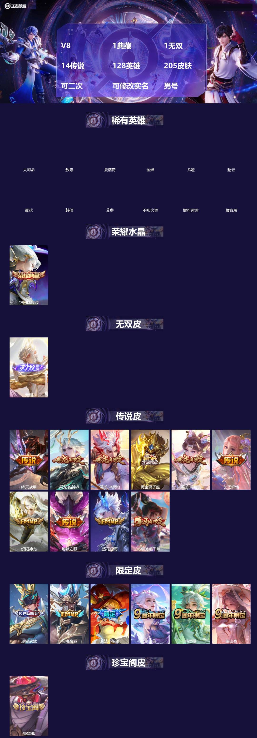 王者荣耀账号苹果QQ[]V8 1典藏 1无双 14传说 128英雄 205皮肤 可二次 可修改实名 男号 
【英雄全皮】敖隐全皮,空空儿全皮,孙权全皮,蚩奼全皮,大禹全皮
【稀有英雄】敖隐(小龙人),大司命,嬴政(始皇帝