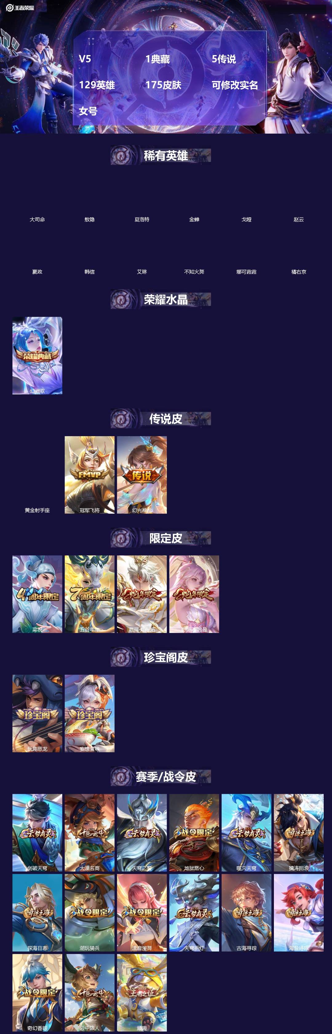 王者荣耀账号安卓QQ[18514320]V5 1典藏 5传说 129英雄 175皮肤 可修改实名 女号 
【英雄全皮】敖