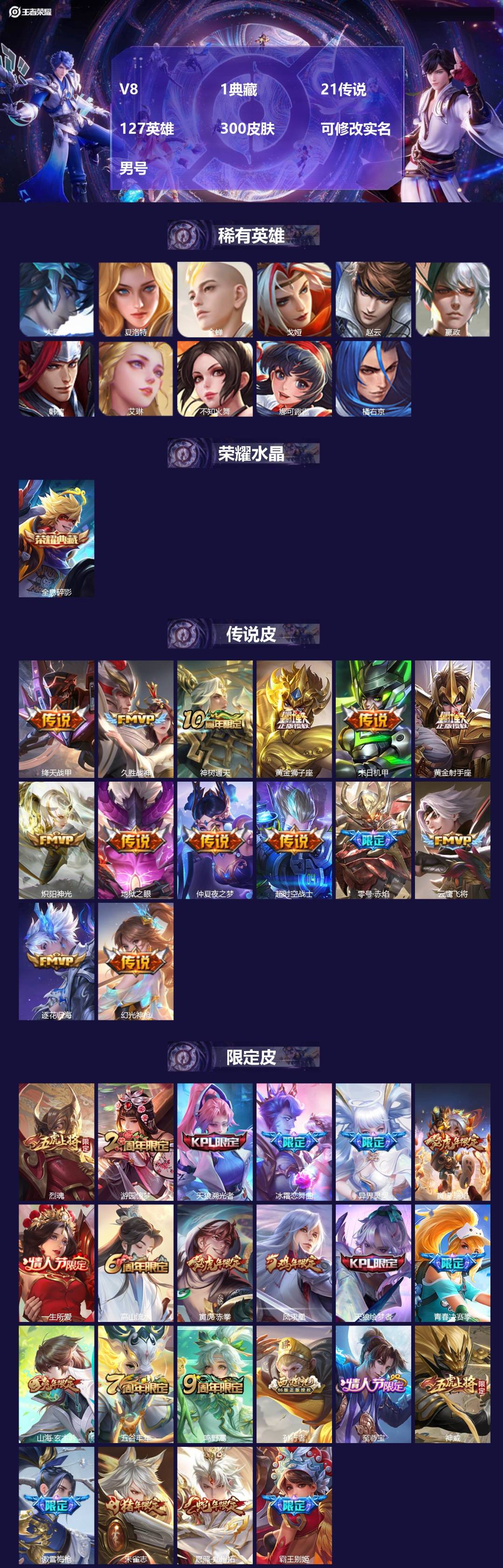王者荣耀账号苹果QQ[]V8 1典藏 21传说 127英雄 300皮肤 可修改实名 男号 
【英雄全皮】孙权全皮,蚩奼全皮,影全皮,大禹全皮
【稀有英雄】大司命,嬴政(始皇帝),韩信(韩跳跳),夏洛特(夏师傅),艾琳,橘