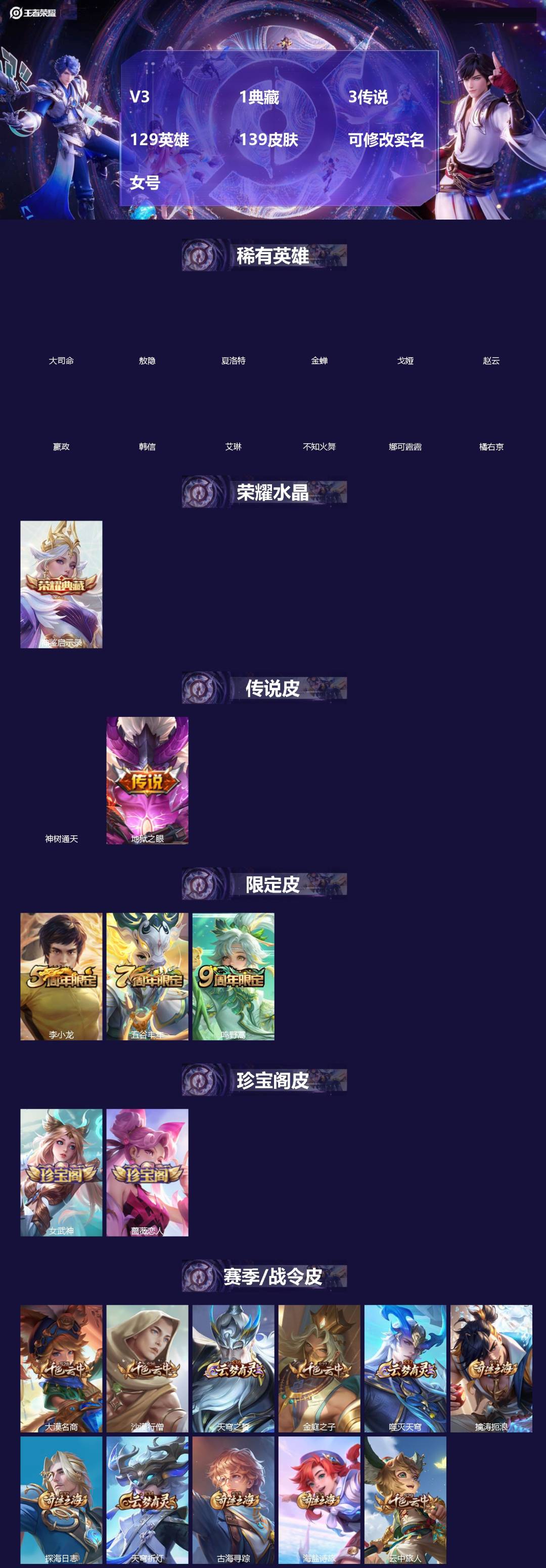 王者荣耀账号安卓QQ[18517451]V3 1典藏 3传说 129英雄 139皮肤 可修改实名 女号 
【英雄全皮】敖