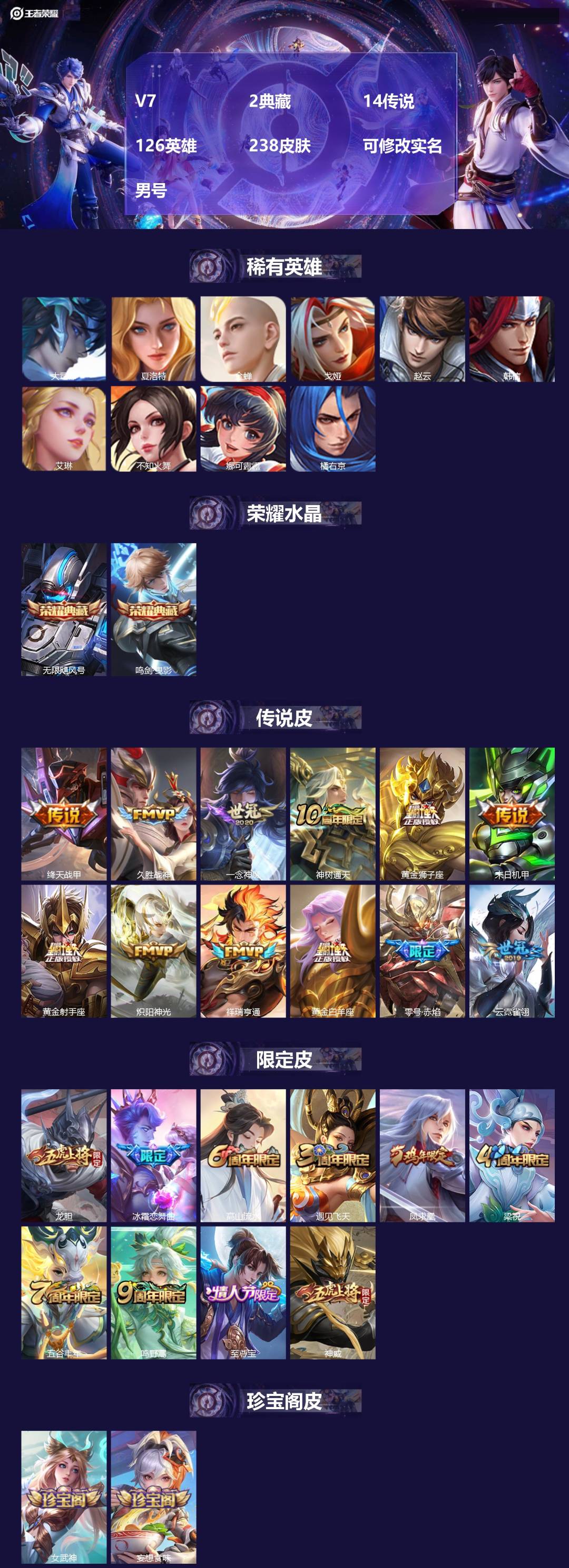 王者荣耀账号安卓QQV7 2典藏 14传说 126英雄 238皮肤 可修改实名 男号 
【英雄全皮】空空儿全皮,蚩奼全皮
