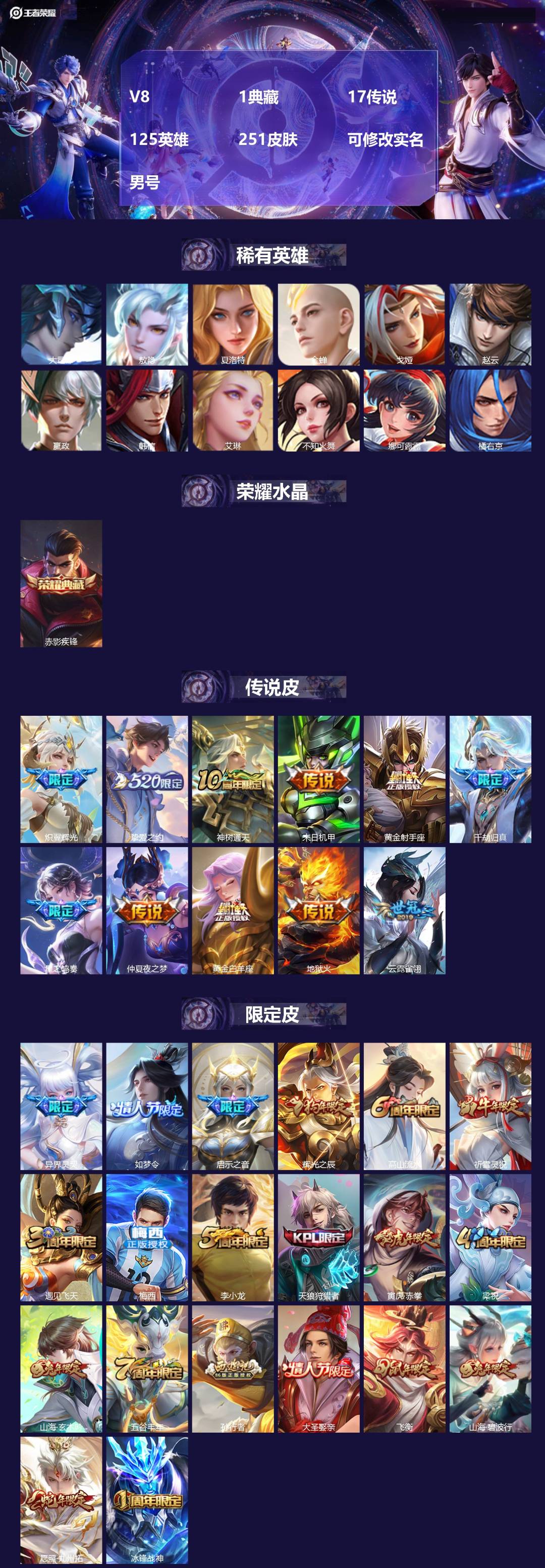 王者荣耀账号安卓QQ[18518936]V8 1典藏 17传说 125英雄 251皮肤 可修改实名 男号 
【英雄全皮】