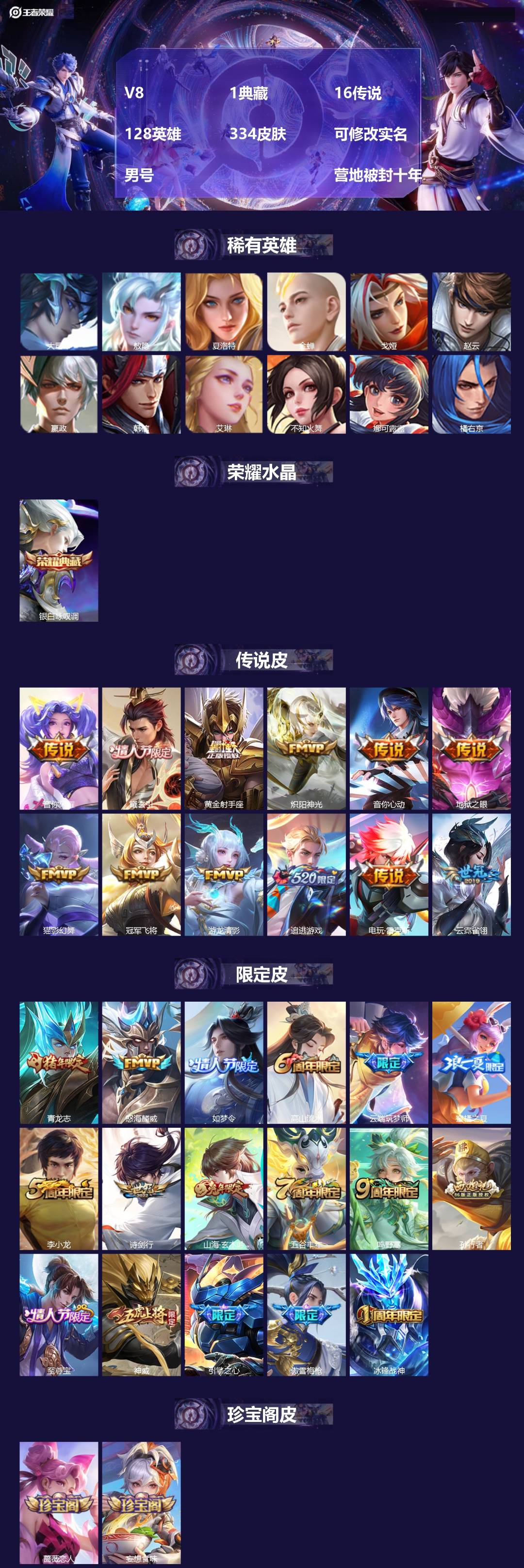 王者荣耀账号苹果QQ[18519209]V8 1典藏 16传说 128英雄 334皮肤 可修改实名 男号  营地被封十年