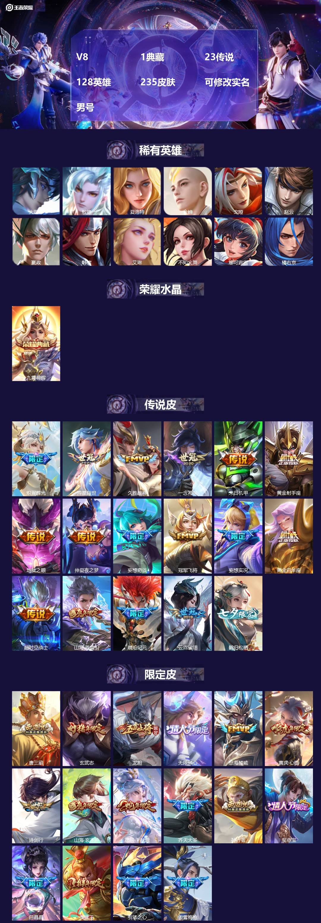 王者荣耀账号苹果QQ[]V8 1典藏 23传说 128英雄 235皮肤 可修改实名 男号 
【英雄全皮】金蝉全皮,大禹全皮
【稀有英雄】敖隐(小龙人),大司命,嬴政(始皇帝),韩信(韩跳跳),夏洛特(夏师傅),艾琳,橘右