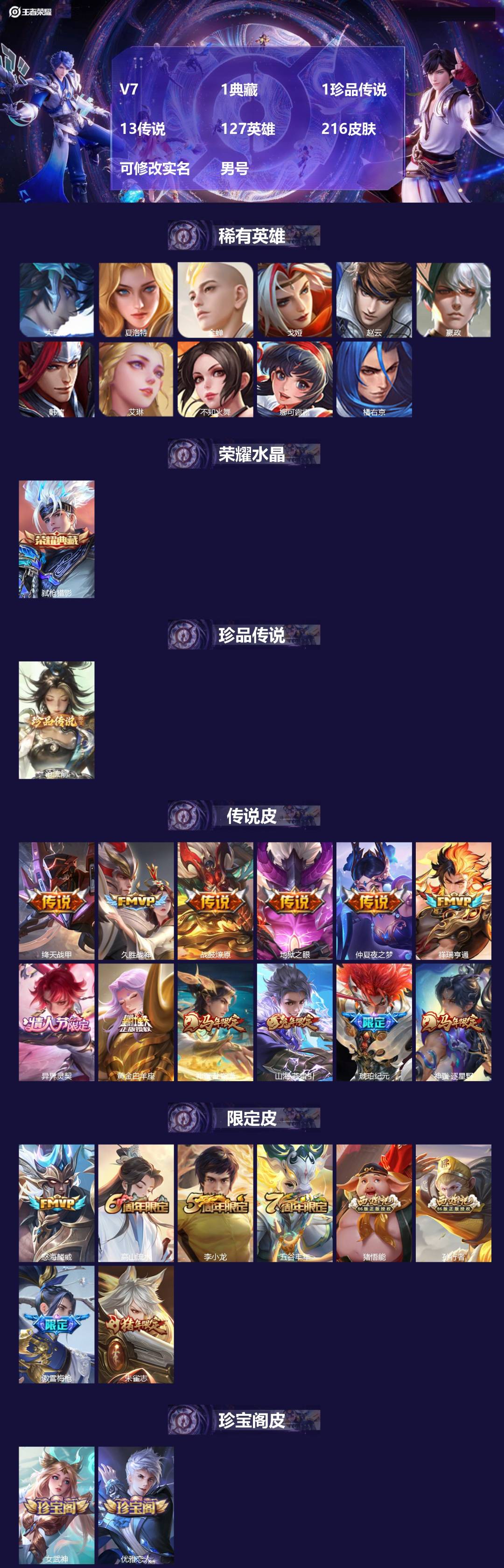 王者荣耀账号安卓QQ[]V7 1典藏 1珍品传说 13传说 127英雄 216皮肤 可修改实名 男号 
【英雄全皮】猪八戒全皮,大禹全皮
【稀有英雄】大司命,嬴政(始皇帝),韩信(韩跳跳),夏洛特(夏师傅),艾琳,橘右京