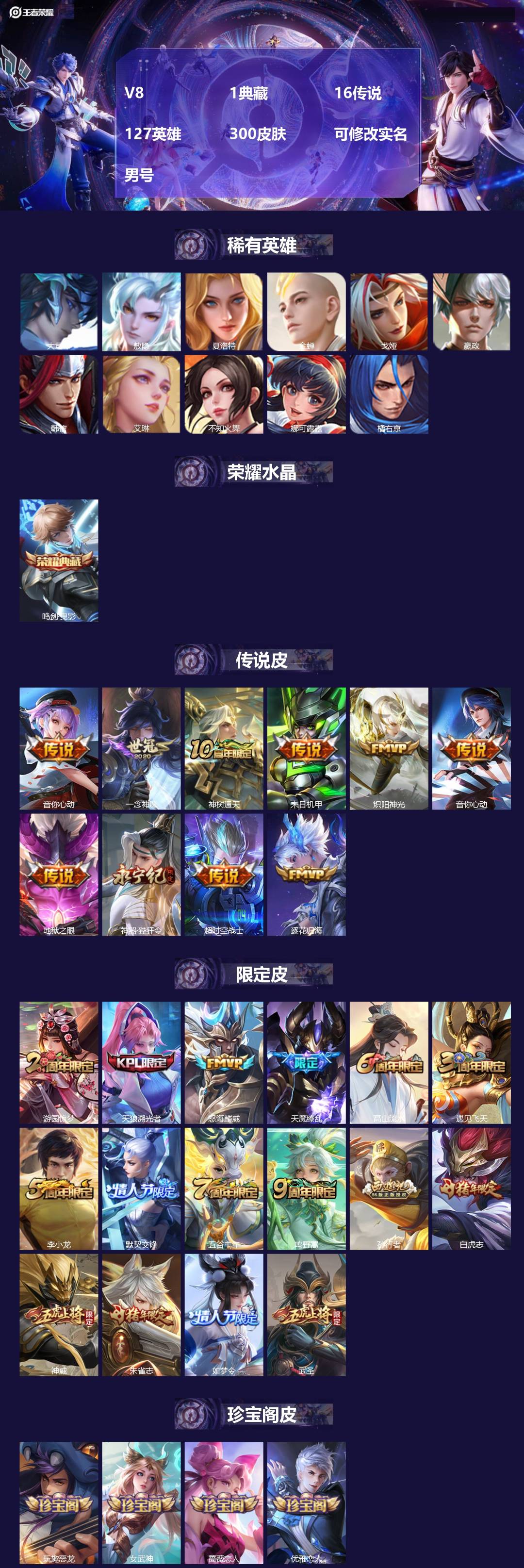 王者荣耀账号安卓QQ[18538535]V8 1典藏 16传说 127英雄 300皮肤 可修改实名 男号 
【英雄全皮】