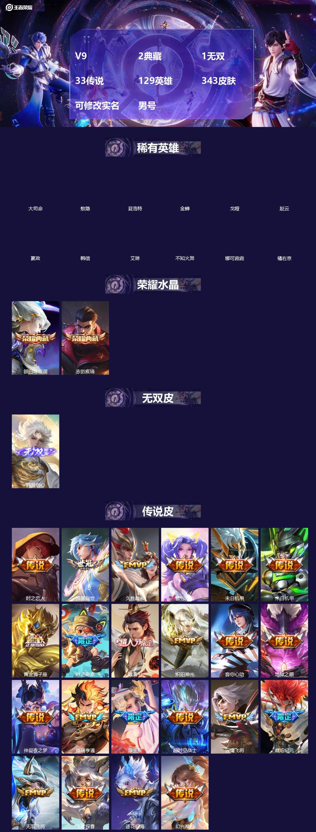 王者荣耀账号苹果QQ[]V9 2典藏 1无双 33传说 129英雄 343皮肤 可修改实名 男号 
【英雄全皮】司空震全皮,橘右京全皮,孙权全皮,蚩奼全皮,夏洛特全皮,大禹全皮
【稀有英雄】敖隐(小龙人),大司命,嬴政(