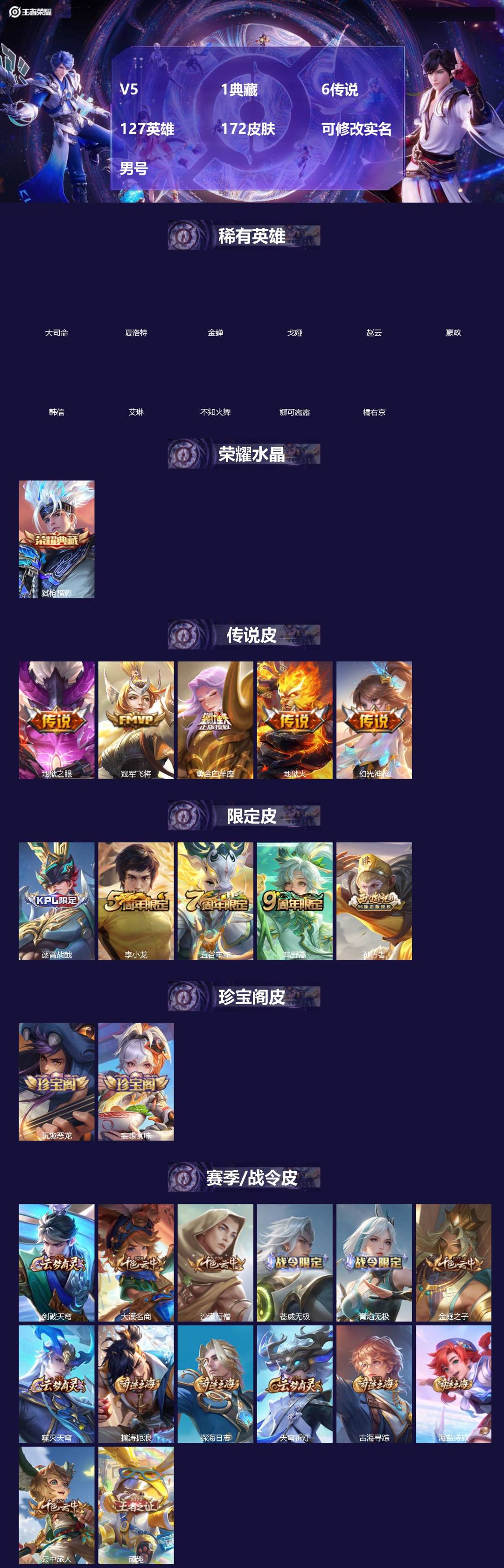 王者荣耀账号苹果QQ[18544960]V5 1典藏 6传说 127英雄 172皮肤 可修改实名 男号 
【英雄全皮】大