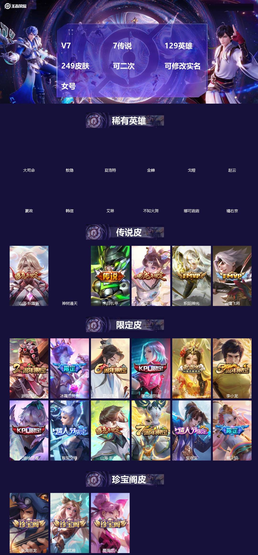 王者荣耀账号安卓QQ[]V7 7传说 129英雄 249皮肤 可二次 可修改实名 女号 
【英雄全皮】娜可露露全皮,大禹全皮
【稀有英雄】敖隐(小龙人),大司命,嬴政(始皇帝),韩信(韩跳跳),夏洛特(夏师傅),艾琳,橘