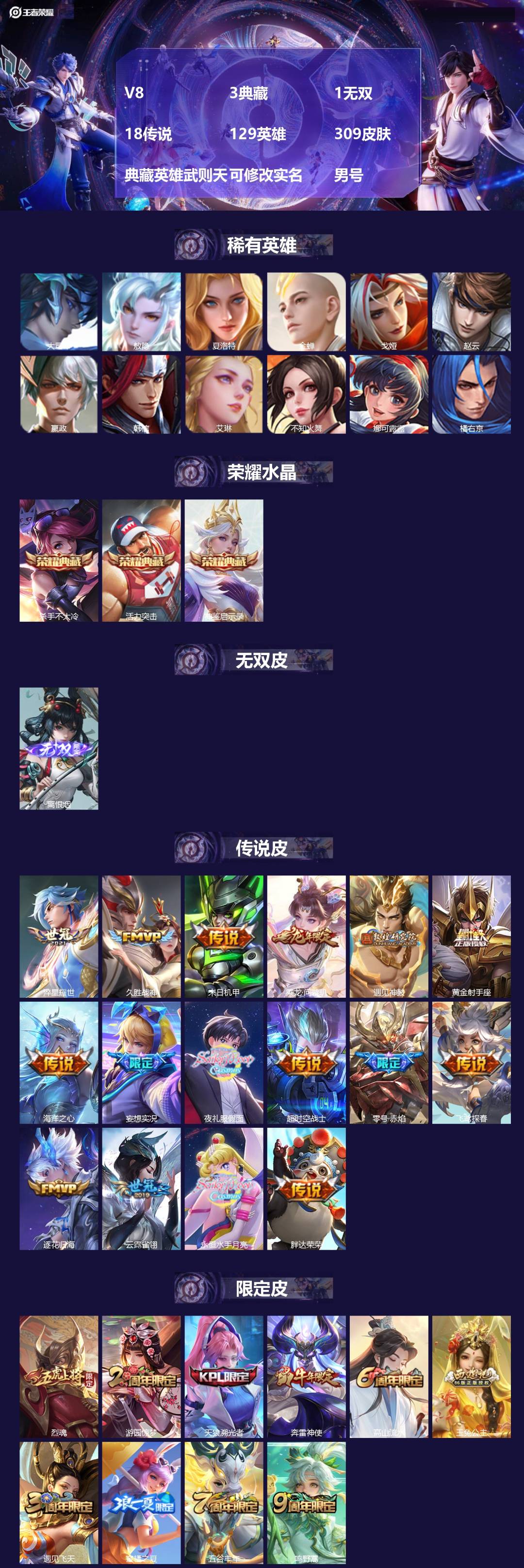 王者荣耀账号安卓QQ[18550279]V8 3典藏 1无双 18传说 129英雄 309皮肤 典藏英雄武则天 可修改实