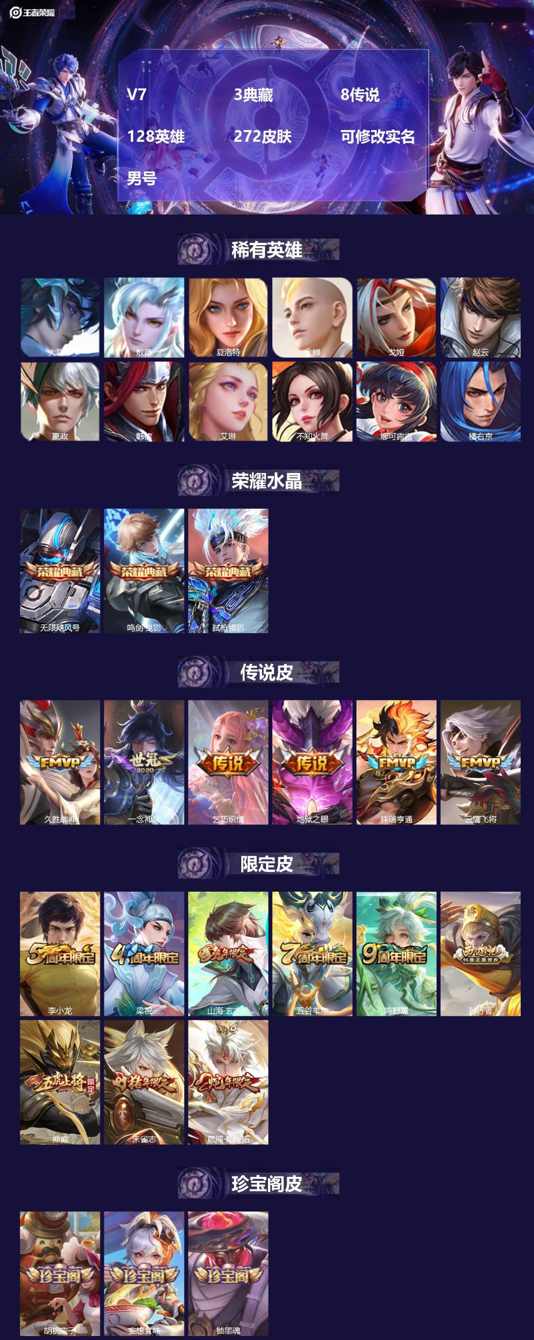 王者荣耀账号安卓QQ[18561078]V7 3典藏 8传说 128英雄 272皮肤 可修改实名 
【英雄全皮】敖隐全皮