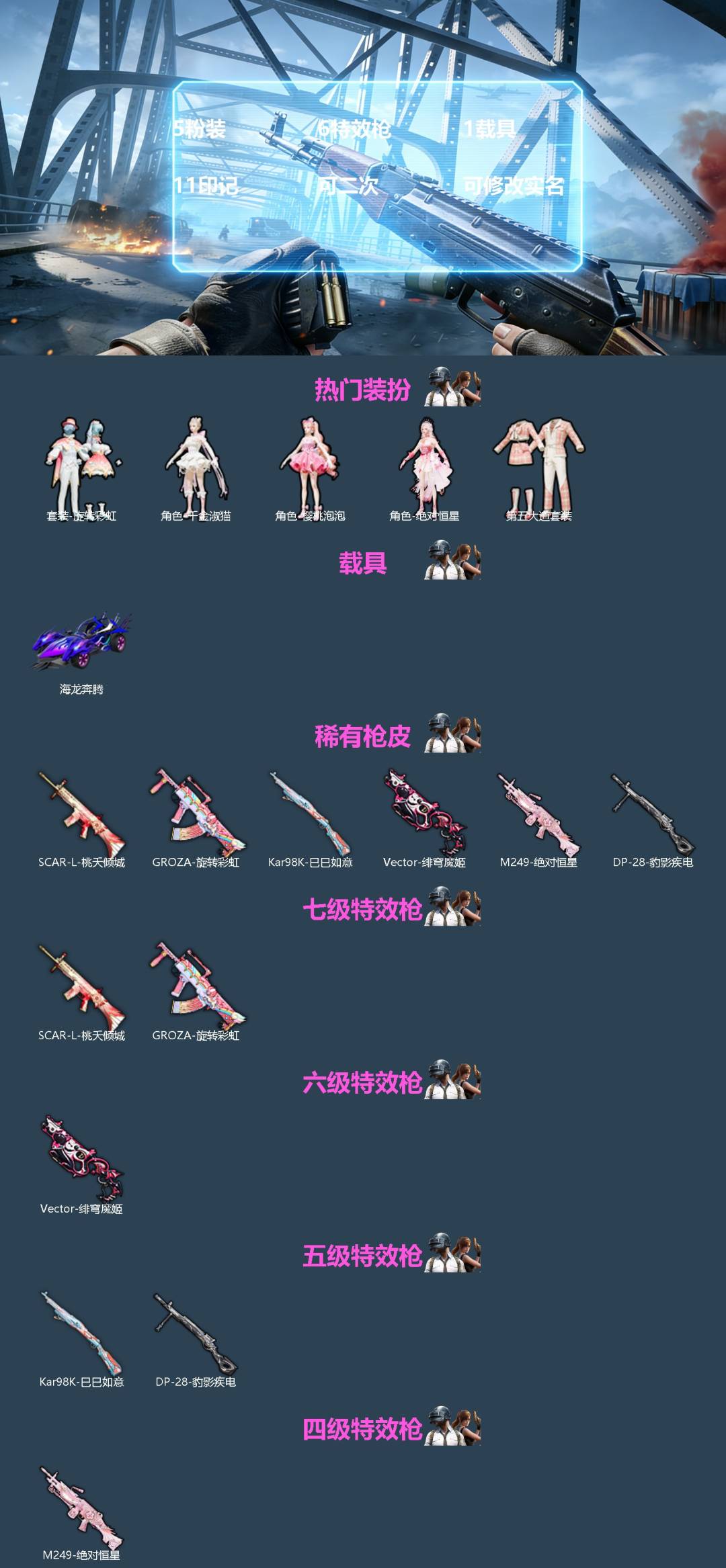 和平精英账号苹果QQ[]5粉装 6特效枪 1载具 11印记 可二次 可修改实名 
【热门装扮】樱桃泡泡,千金淑猫,绝对恒星,旋转彩虹,第五大道
【载具】海龙奔腾
【稀有枪皮】Kar98K-巳巳如意,Vector-绯穹魔姬