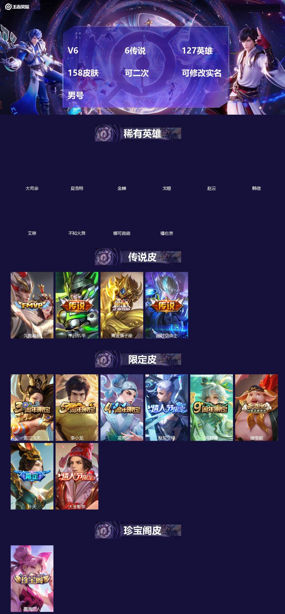 王者荣耀账号安卓QQ[]V6 6传说 127英雄 158皮肤 可二次 可修改实名 男号 
【英雄全皮】影全皮,大禹全皮
【稀有英雄】大司命,韩信(韩跳跳),夏洛特(夏师傅),艾琳,橘右京(橘子),娜可露露(鸟人),不知火