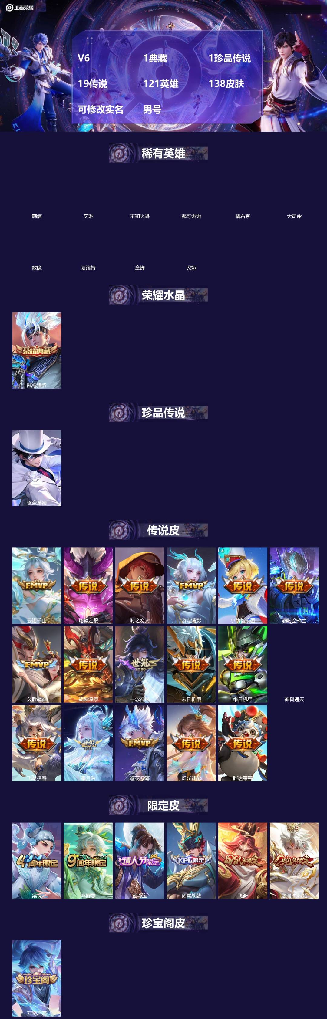 王者荣耀账号苹果QQ[]V6 1典藏 1珍品传说 19传说 121英雄 138皮肤 可修改实名 男号 
【英雄全皮】蚩奼全皮,大禹全皮
【稀有英雄】敖隐(小龙人),大司命,韩信(韩跳跳),夏洛特(夏师傅),艾琳,橘右京(