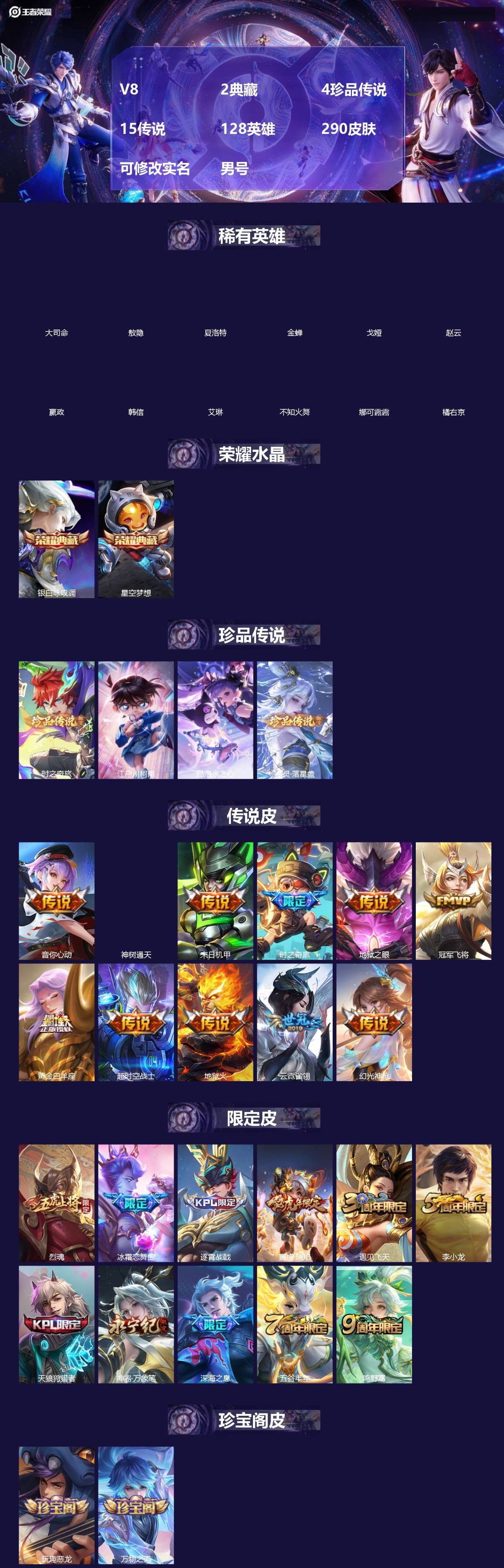 王者荣耀账号苹果QQ[18591528]V8 2典藏 4珍品传说 15传说 128英雄 290皮肤 可修改实名 男号 
