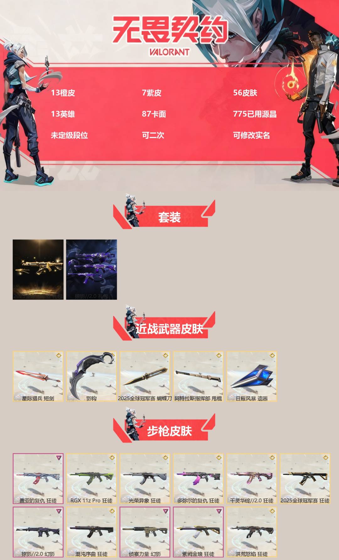 无畏契约账号QQ[]13橙皮 7紫皮 56皮肤 13英雄 87卡面 775已用源晶 未定级段位 可二次 可修改实名 
【套装】2025全球冠军赛,掠影2.0套装
【近战武器皮肤】2025全球冠军赛 蝴蝶刀,日耀风暴 