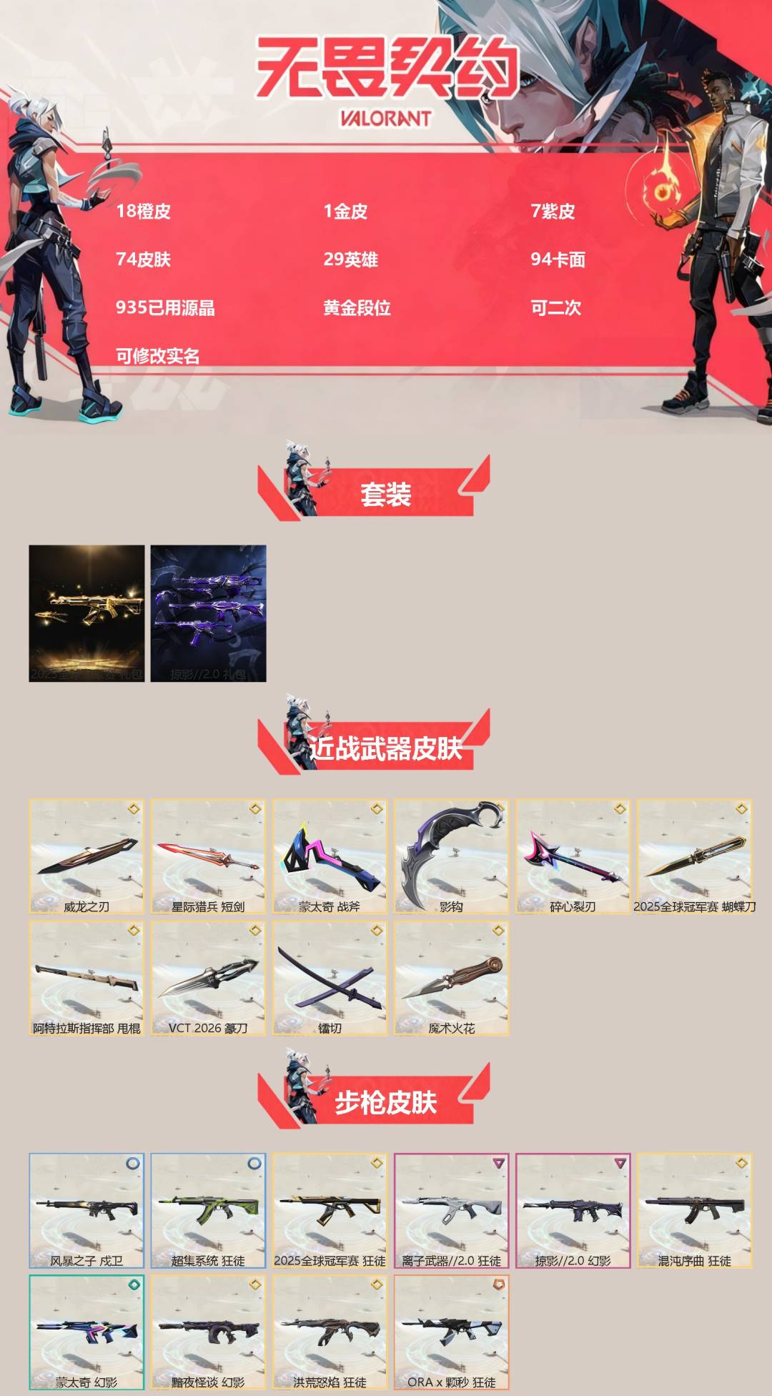 无畏契约账号QQ[]18橙皮 1金皮 7紫皮 74皮肤 29英雄 94卡面 935已用源晶 黄金段位 可二次 可修改实名 
【套装】2025全球冠军赛,掠影2.0套装
【近战武器皮肤】镭切,碎心裂刃,蒙太奇 战斧,V