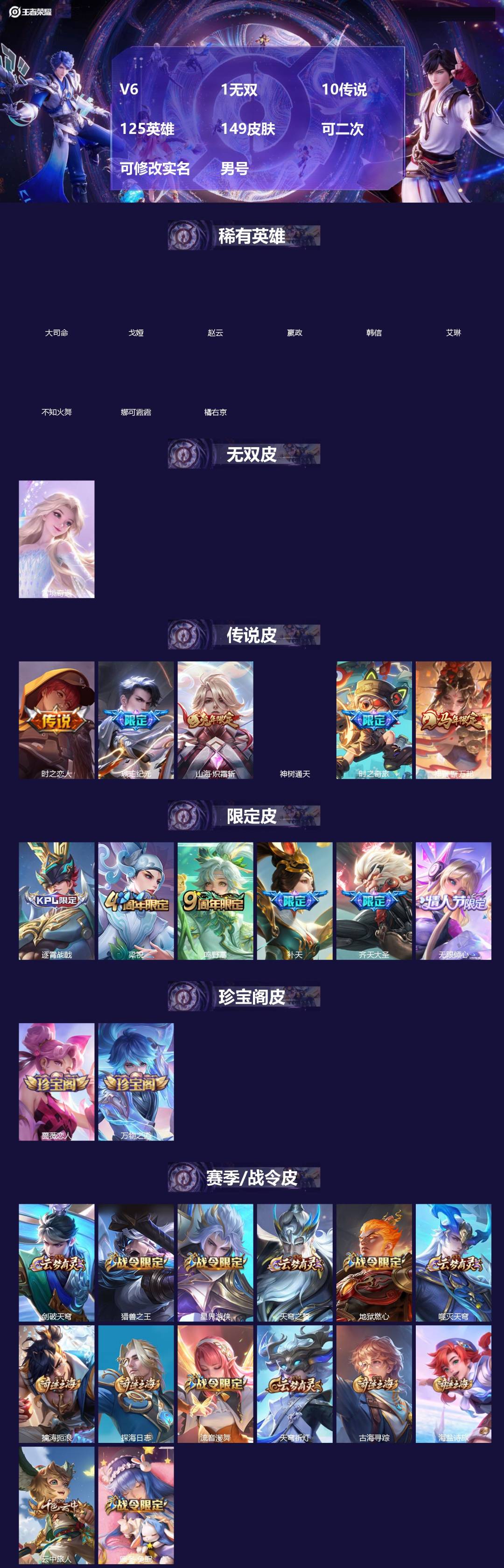 王者荣耀账号安卓QQ[]V6 1无双 10传说 125英雄 149皮肤 可二次 可修改实名 男号 
【英雄全皮】孙权全皮,大禹全皮
【稀有英雄】大司命,嬴政(始皇帝),韩信(韩跳跳),艾琳,橘右京(橘子),娜可露露(鸟人