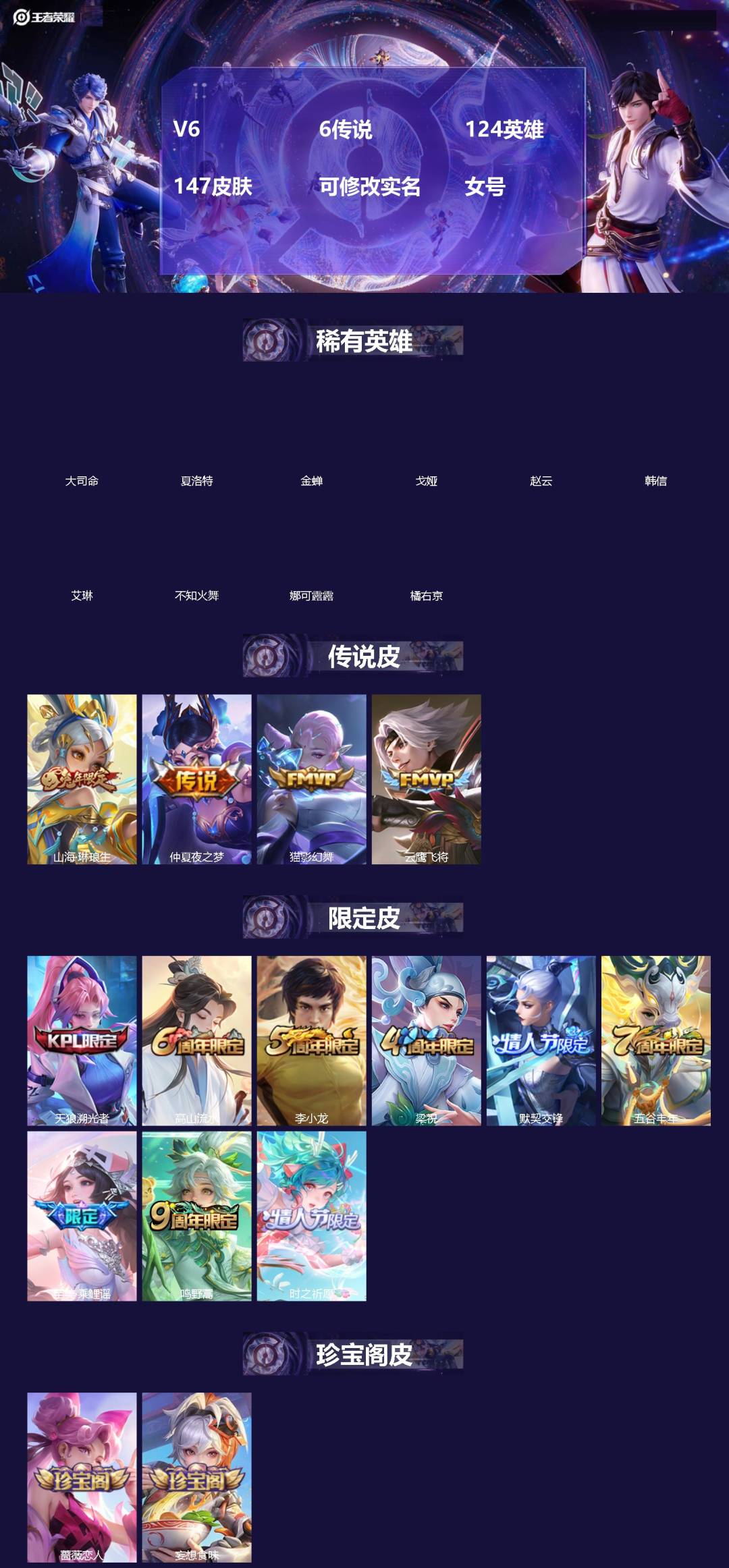 王者荣耀账号苹果QQV6 6传说 124英雄 147皮肤 可修改实名 女号 
【英雄全皮】孙权全皮
【稀有英雄】大司命,