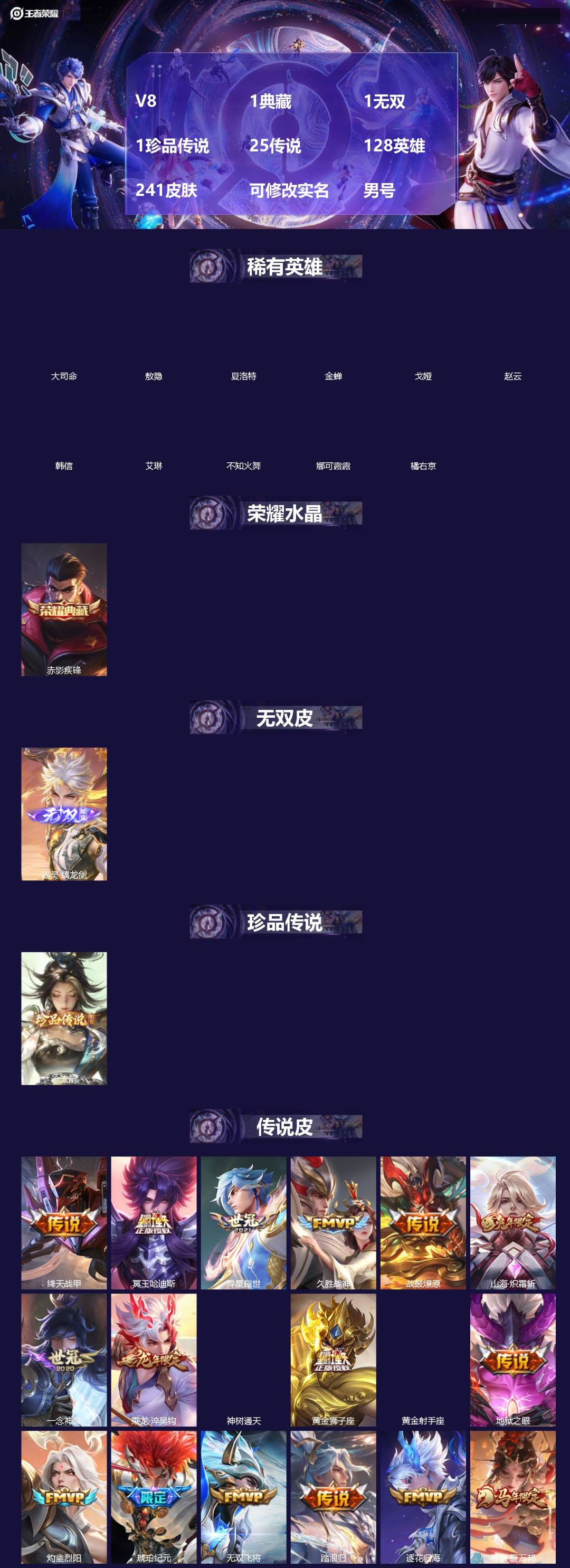 王者荣耀账号安卓QQ[18603370]V8 1典藏 1无双 1珍品传说 25传说 128英雄 241皮肤 可修改实名 