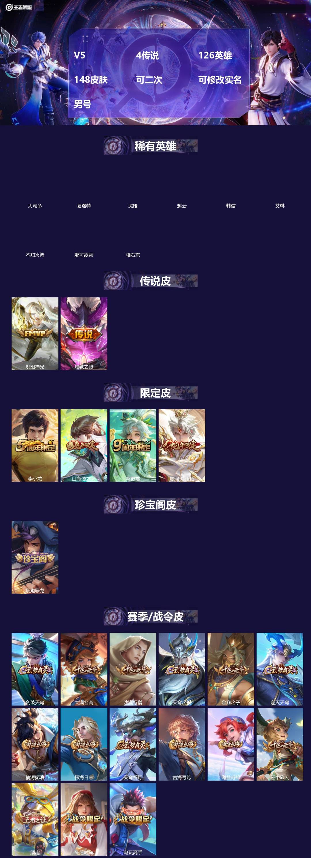 王者荣耀账号安卓QQ[]V5 4传说 126英雄 148皮肤 可二次 可修改实名 男号 
【英雄全皮】孙权全皮,蚩奼全皮,影全皮,大禹全皮
【稀有英雄】大司命,韩信(韩跳跳),夏洛特(夏师傅),艾琳,橘右京(橘子),娜可