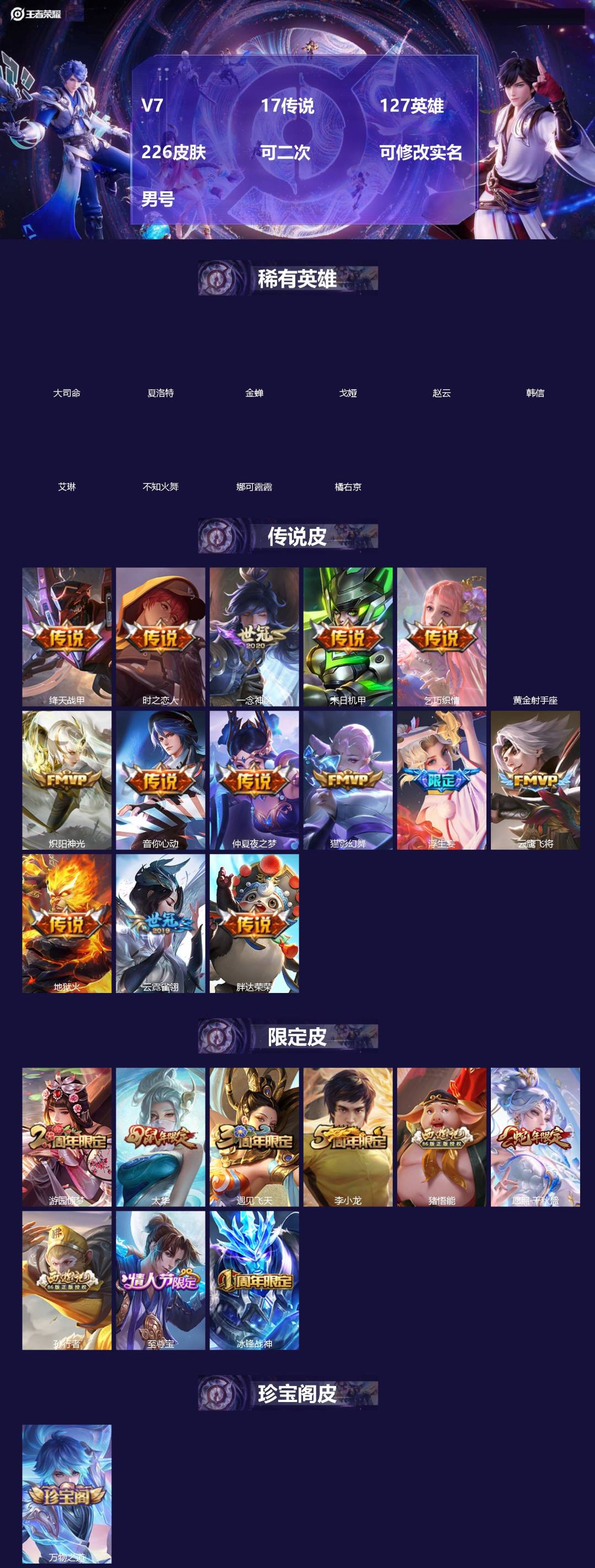 王者荣耀账号苹果QQ[18638754]V7 17传说 127英雄 226皮肤 可二次 可修改实名 男号 
【英雄全皮】