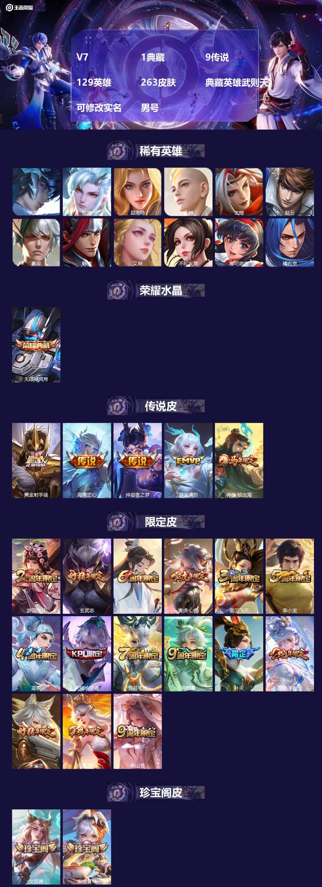 王者荣耀账号安卓QQ[]V7 1典藏 9传说 129英雄 263皮肤 典藏英雄武则天 可修改实名 男号 
【英雄全皮】空空儿全皮,大禹全皮
【稀有英雄】敖隐(小龙人),大司命,嬴政(始皇帝),韩信(韩跳跳),夏洛特(夏师