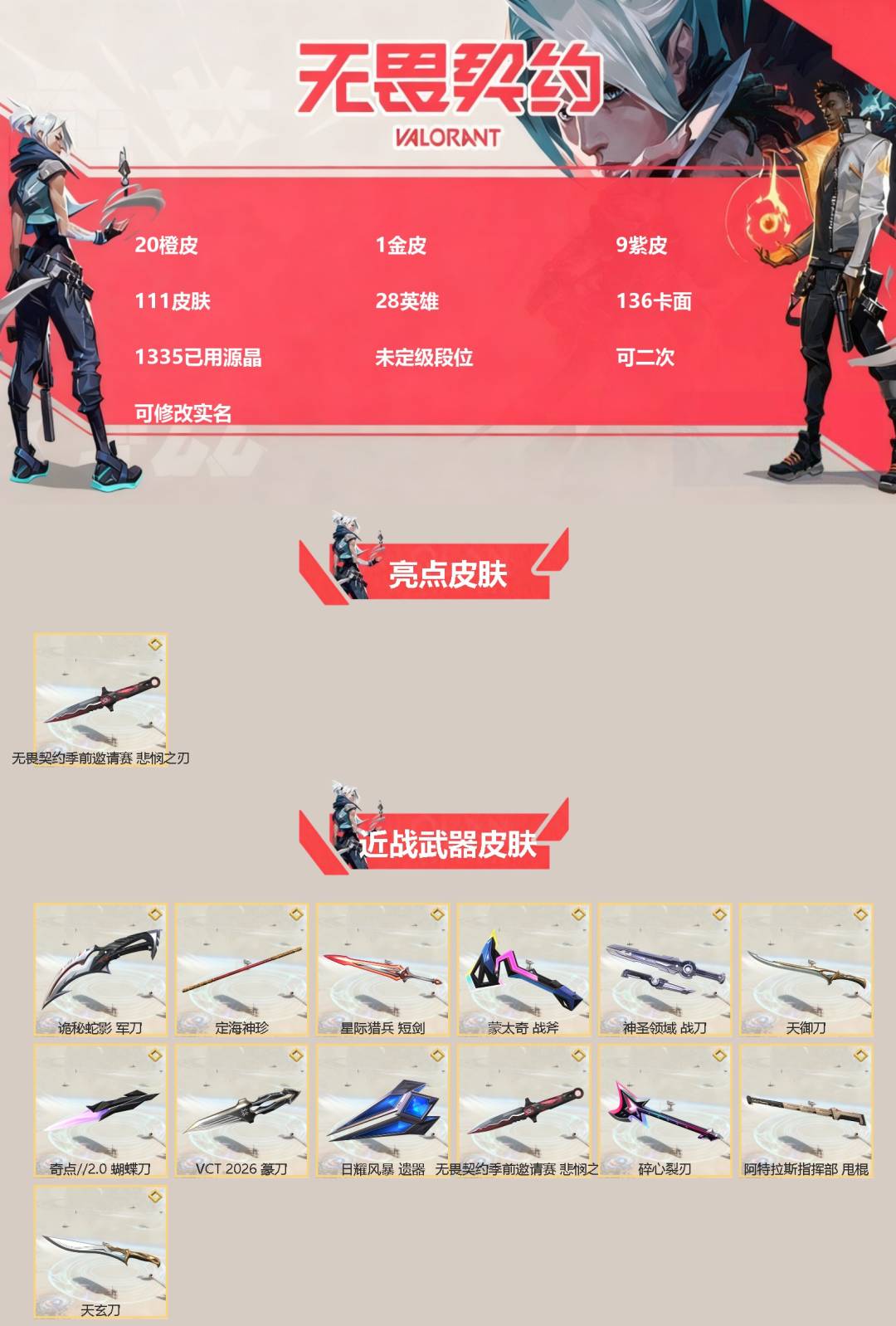 无畏契约账号QQ[]20橙皮 1金皮 9紫皮 111皮肤 28英雄 136卡面 1335已用源晶 未定级段位 可二次 可修改实名 
【亮点皮肤】悲悯之刃
【近战武器皮肤】神圣领域 战刀,诡秘蛇影,蝴蝶刀-奇点//2.
