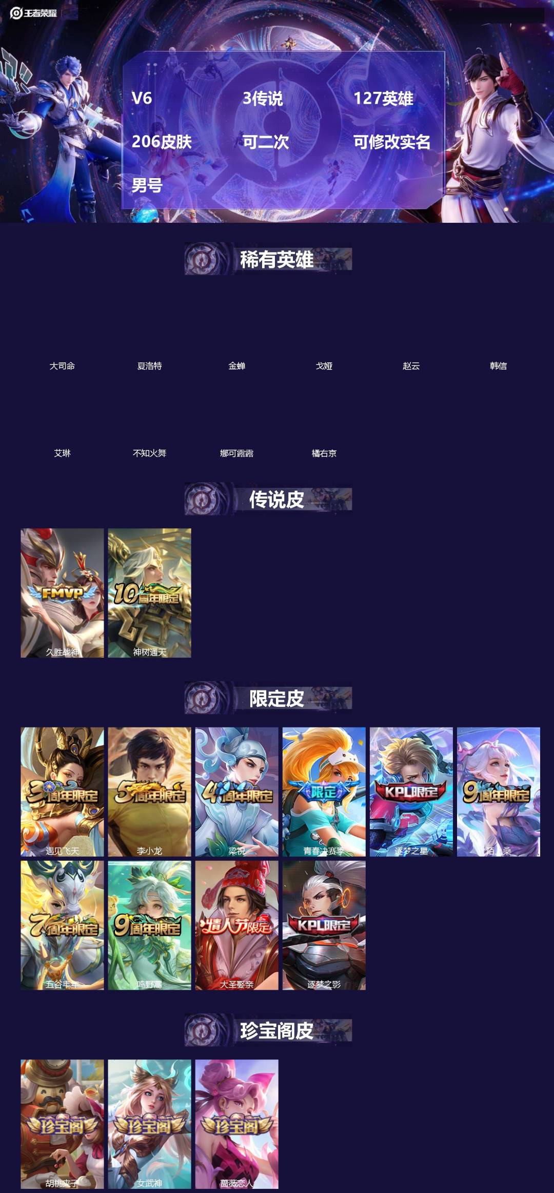 王者荣耀账号安卓QQ[]V6 3传说 127英雄 206皮肤 可二次 可修改实名 男号 
【英雄全皮】大禹全皮
【稀有英雄】大司命,韩信(韩跳跳),夏洛特(夏师傅),艾琳,橘右京(橘子),娜可露露(鸟人),不知火舞,赵云