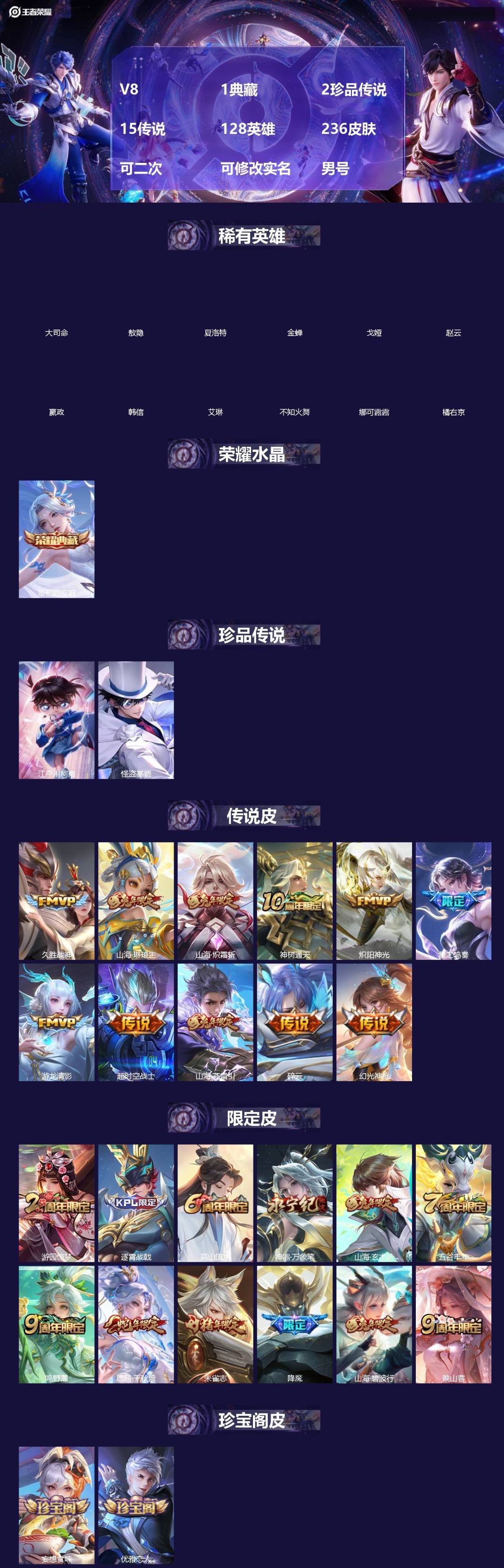 王者荣耀账号安卓QQ[18642973]V8 1典藏 2珍品传说 15传说 128英雄 236皮肤 可二次 可修改实名 