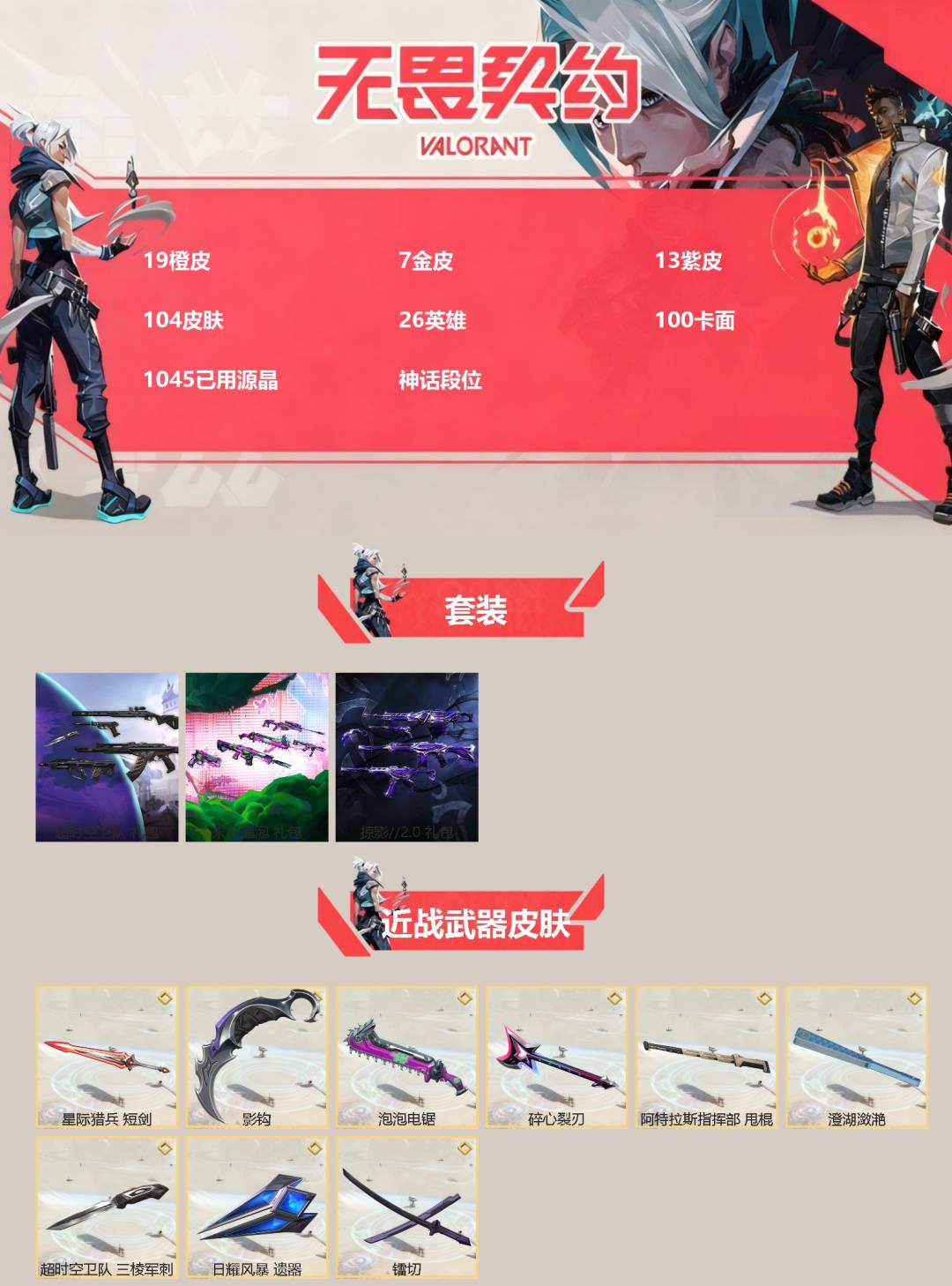 无畏契约账号QQ[]19橙皮 7金皮 13紫皮 104皮肤 26英雄 100卡面 1045已用源晶 神话段位 
【套装】末日泡泡套装,掠影2.0套装,超时空卫队
【近战武器皮肤】镭切,碎心裂刃,日耀风暴 遗器,超时空
