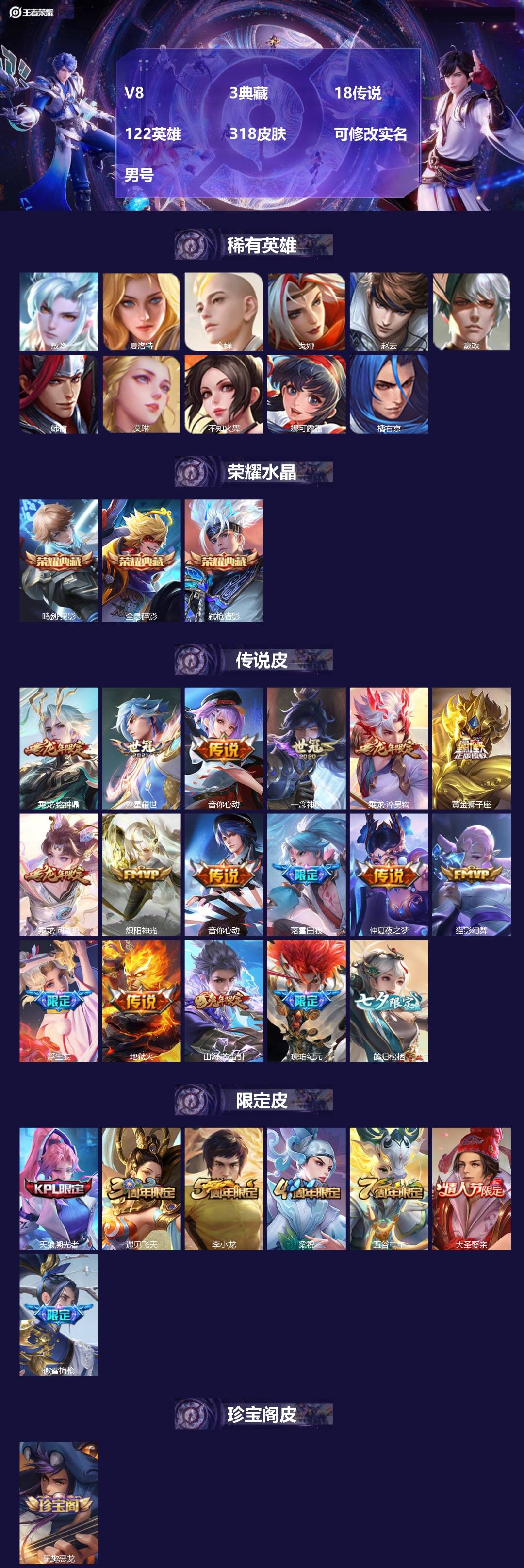 王者荣耀账号安卓QQ[18664269]V8 3典藏 18传说 122英雄 318皮肤 可修改实名 男号 
【稀有英雄】