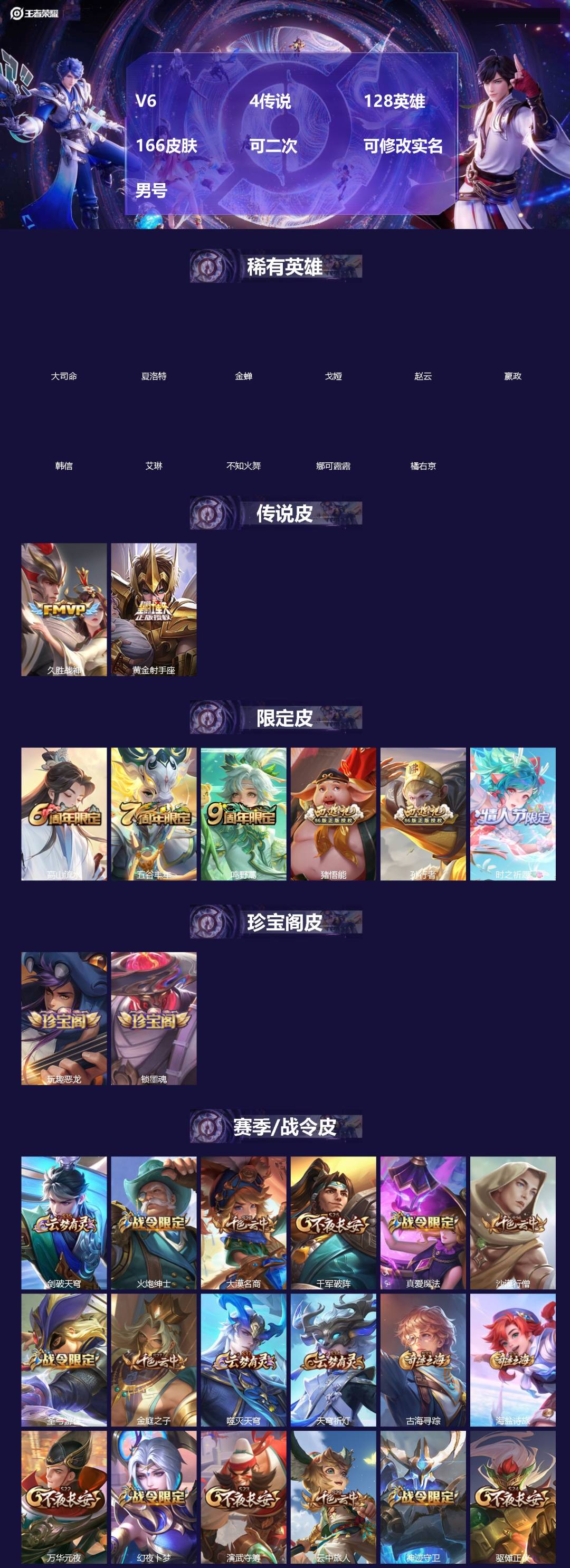 王者荣耀账号安卓QQ[]V6 4传说 128英雄 166皮肤 可二次 可修改实名 男号 
【英雄全皮】大禹全皮
【稀有英雄】大司命,嬴政(始皇帝),韩信(韩跳跳),夏洛特(夏师傅),艾琳,橘右京(橘子),娜可露露(鸟人)