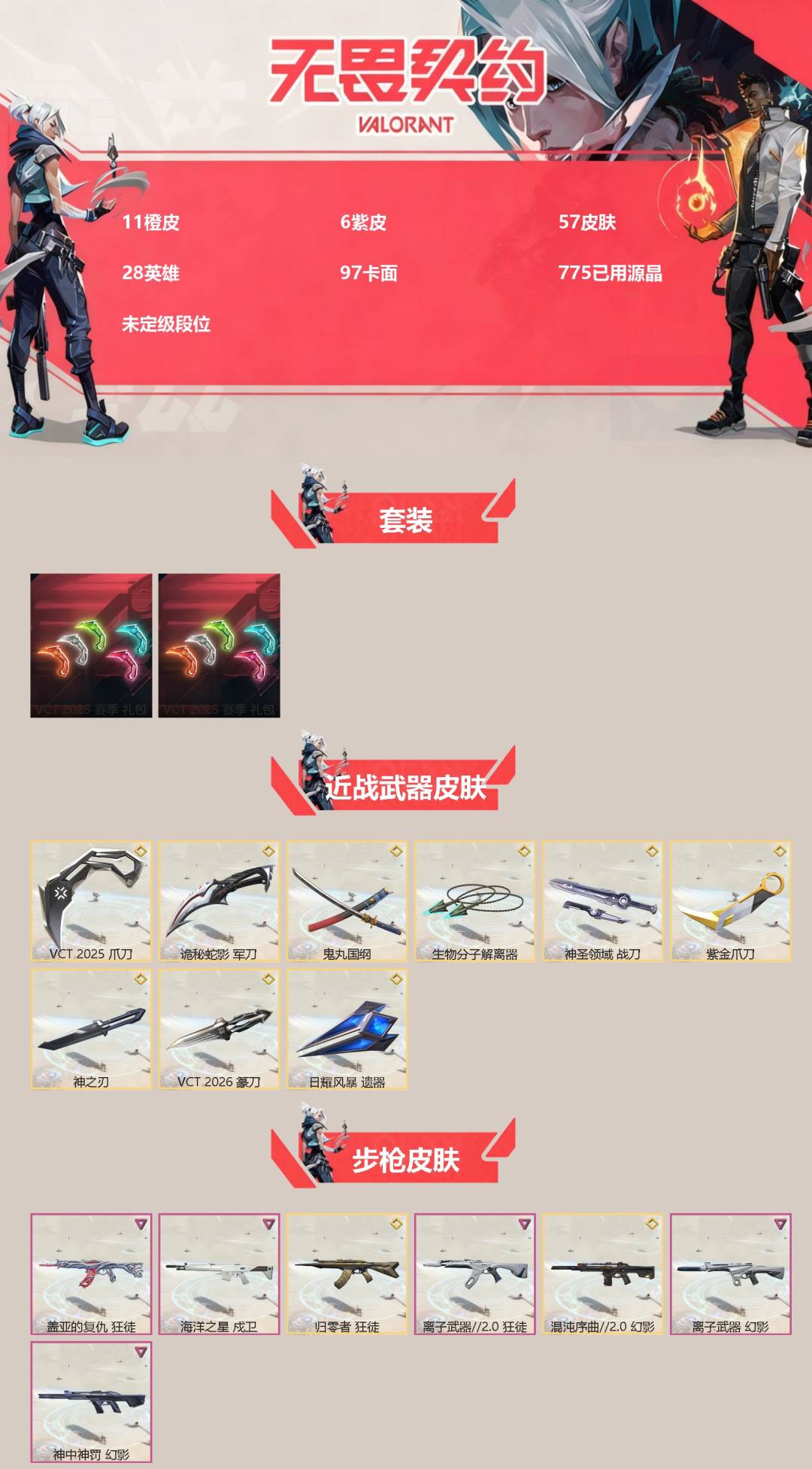 无畏契约账号QQ[]11橙皮 6紫皮 57皮肤 28英雄 97卡面 775已用源晶 未定级段位 
【套装】VCT 2025赛季礼包,VCTCN2025套装
【近战武器皮肤】VCT 2025 爪刀,神圣领域 战刀,生物