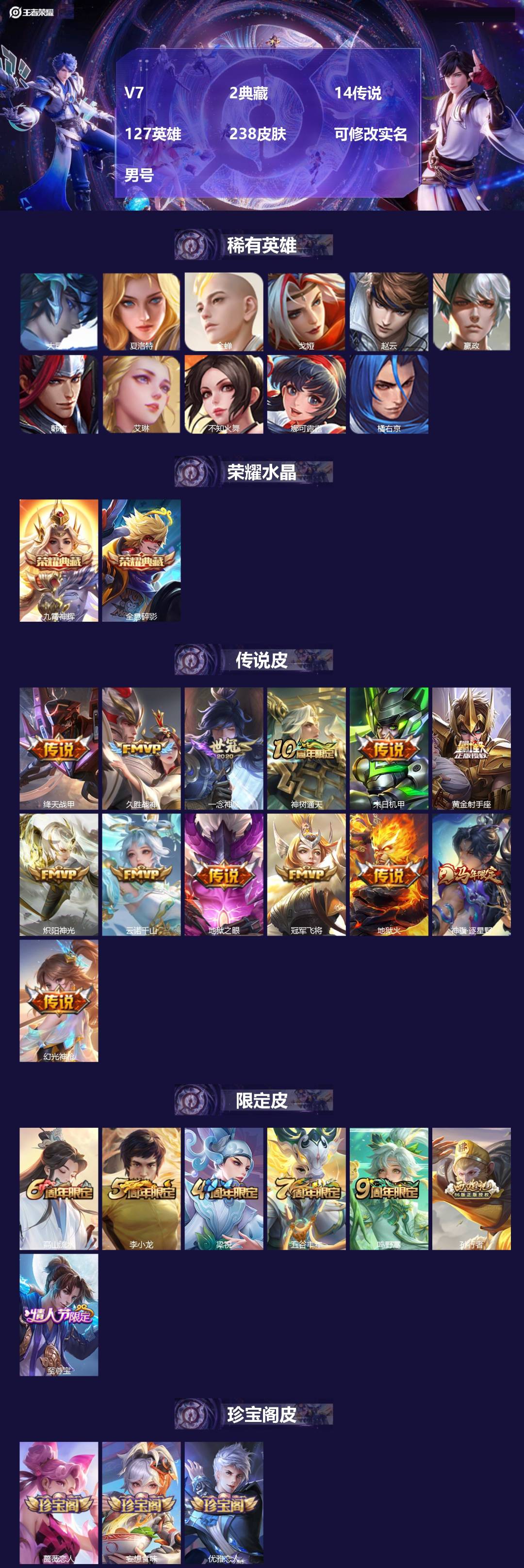 王者荣耀账号安卓QQ[18675446]V7 2典藏 14传说 127英雄 238皮肤 可修改实名 男号 
【英雄全皮】