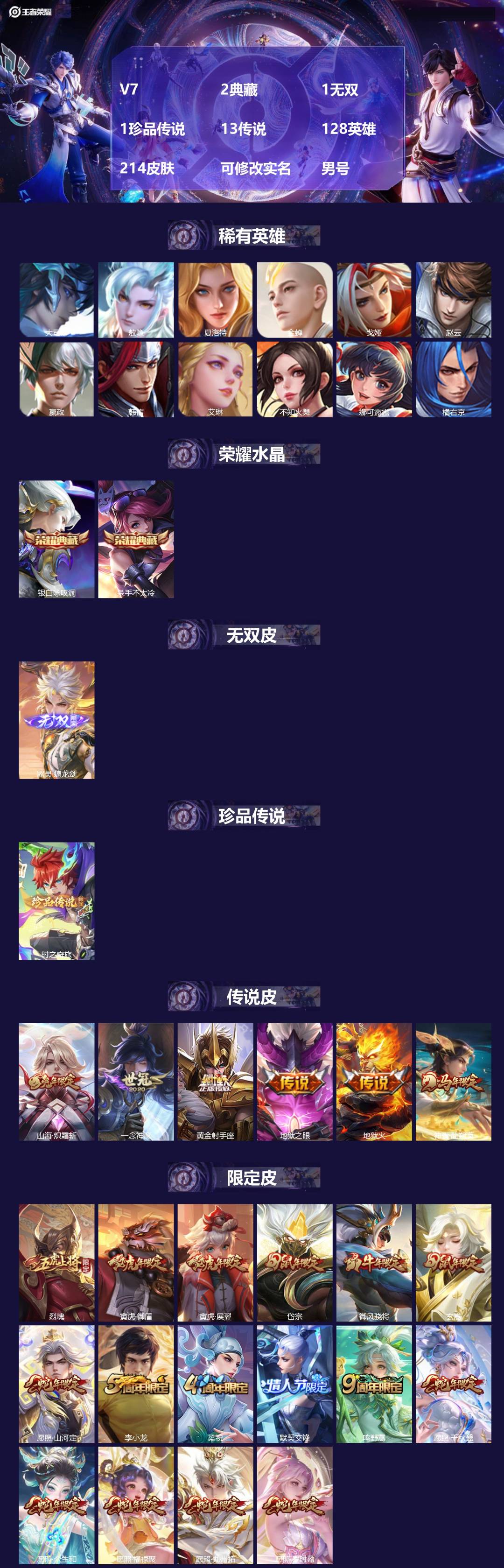 王者荣耀账号安卓QQV7 2典藏 1无双 1珍品传说 13传说 128英雄 214皮肤 可修改实名 男号 
【英雄全皮】