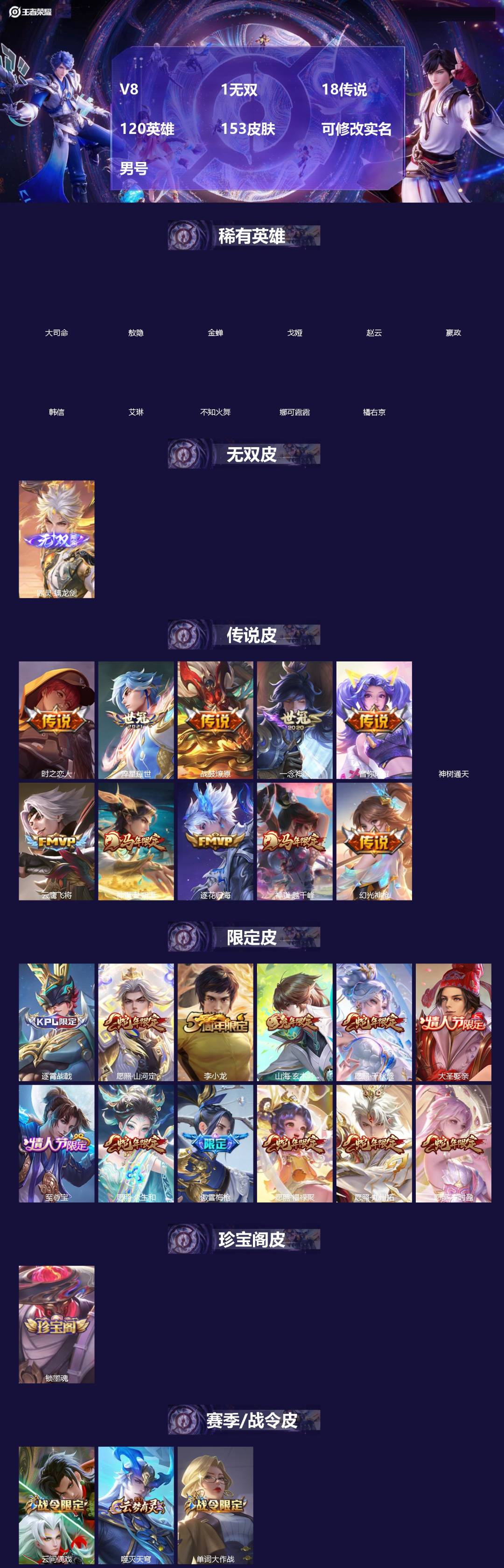 王者荣耀账号苹果QQ[]V8 1无双 18传说 120英雄 153皮肤 可修改实名 男号 
【稀有英雄】敖隐(小龙人),大司命,嬴政(始皇帝),韩信(韩跳跳),艾琳,橘右京(橘子),娜可露露(鸟人),不知火舞,赵云,金蝉
