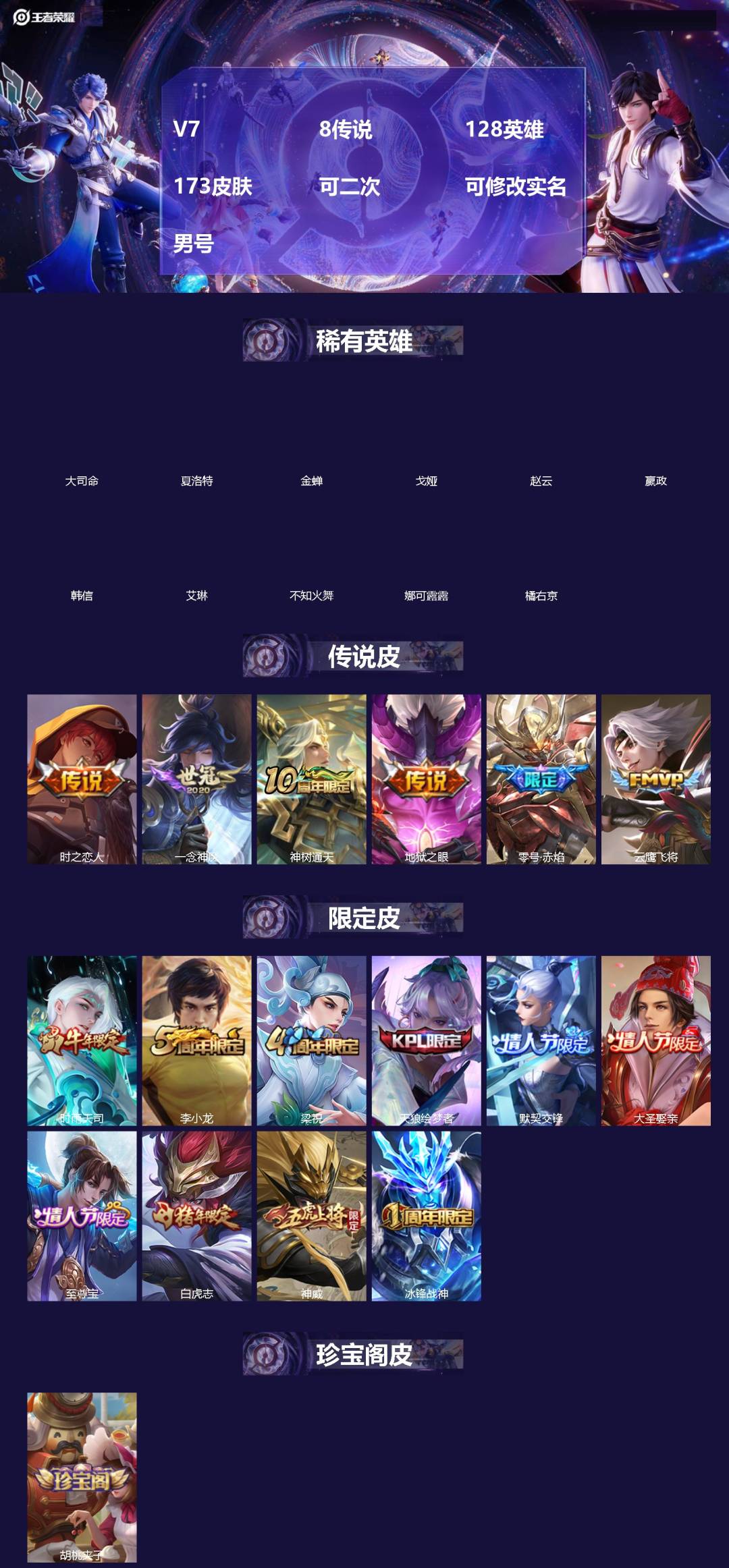 王者荣耀账号苹果QQ[]V7 8传说 128英雄 173皮肤 可二次 可修改实名 男号 
【英雄全皮】孙权全皮,蚩奼全皮,大禹全皮
【稀有英雄】大司命,嬴政(始皇帝),韩信(韩跳跳),夏洛特(夏师傅),艾琳,橘右京(橘子