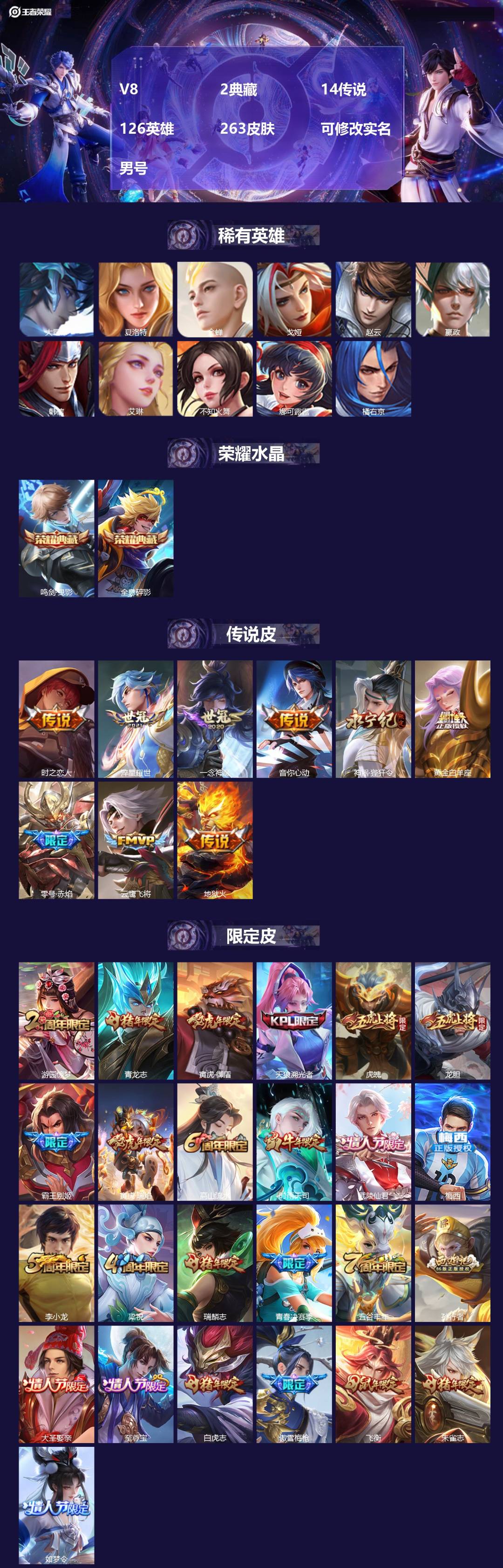 王者荣耀账号安卓QQ[18686048]V8 2典藏 14传说 126英雄 263皮肤 可修改实名 男号 
【稀有英雄】