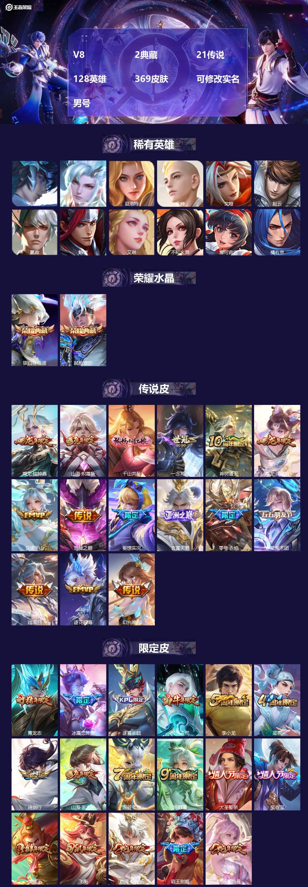 王者荣耀账号安卓QQ[18704008]V8 2典藏 21传说 128英雄 369皮肤 可修改实名 男号 
【英雄全皮】