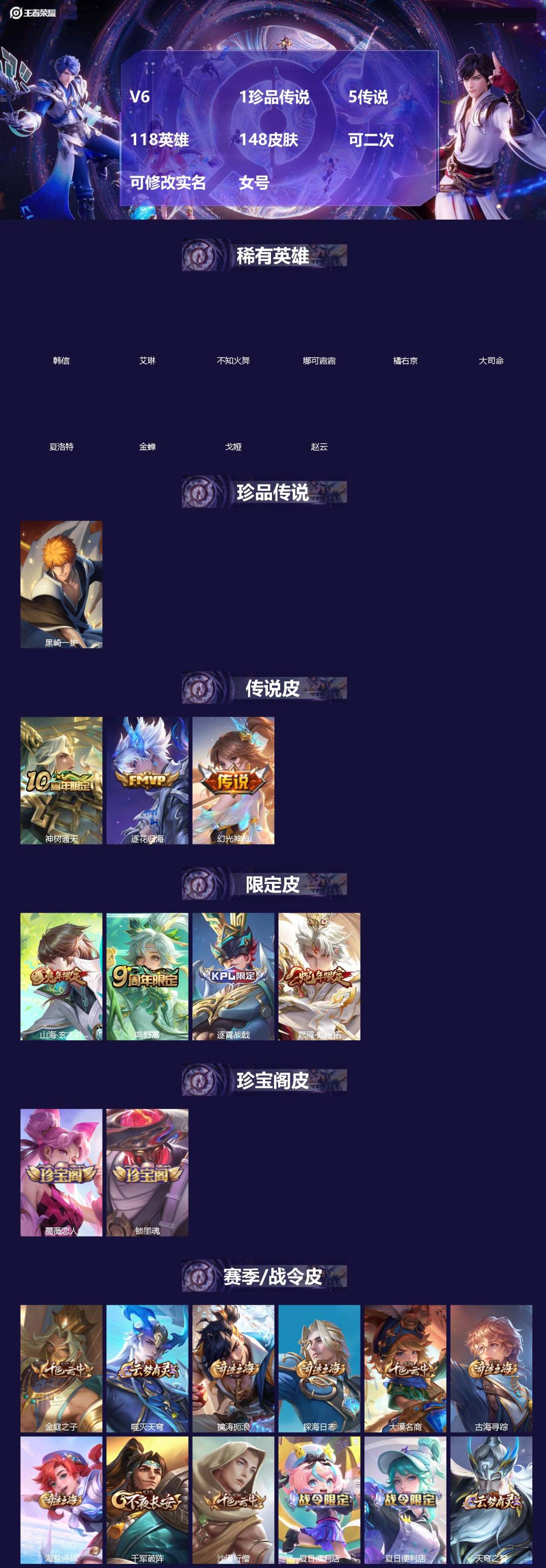 王者荣耀账号安卓QQ[]V6 1珍品传说 5传说 118英雄 148皮肤 可二次 可修改实名 女号 
【英雄全皮】空空儿全皮,大禹全皮
【稀有英雄】大司命,韩信(韩跳跳),夏洛特(夏师傅),艾琳,橘右京(橘子),娜可露露