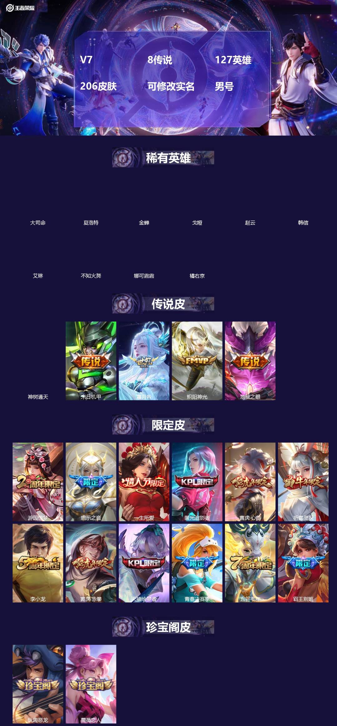 王者荣耀账号苹果QQ[]V7 8传说 127英雄 206皮肤 可修改实名 男号 
【英雄全皮】露娜全皮,大禹全皮
【稀有英雄】大司命,韩信(韩跳跳),夏洛特(夏师傅),艾琳,橘右京(橘子),娜可露露(鸟人),不知火舞,赵