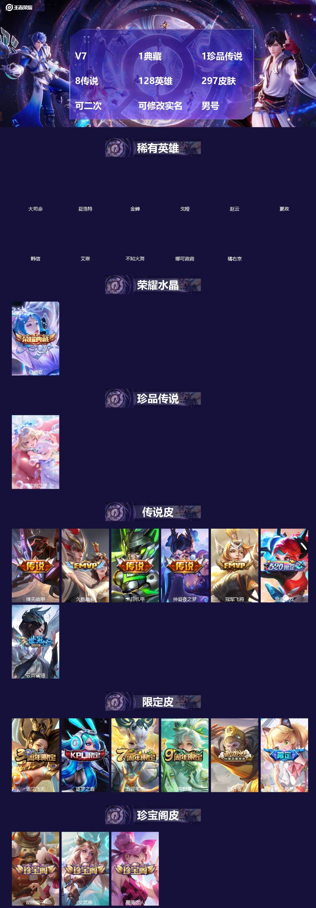 王者荣耀账号安卓QQ[18715506]V7 1典藏 1珍品传说 8传说 128英雄 297皮肤 可二次 可修改实名 男