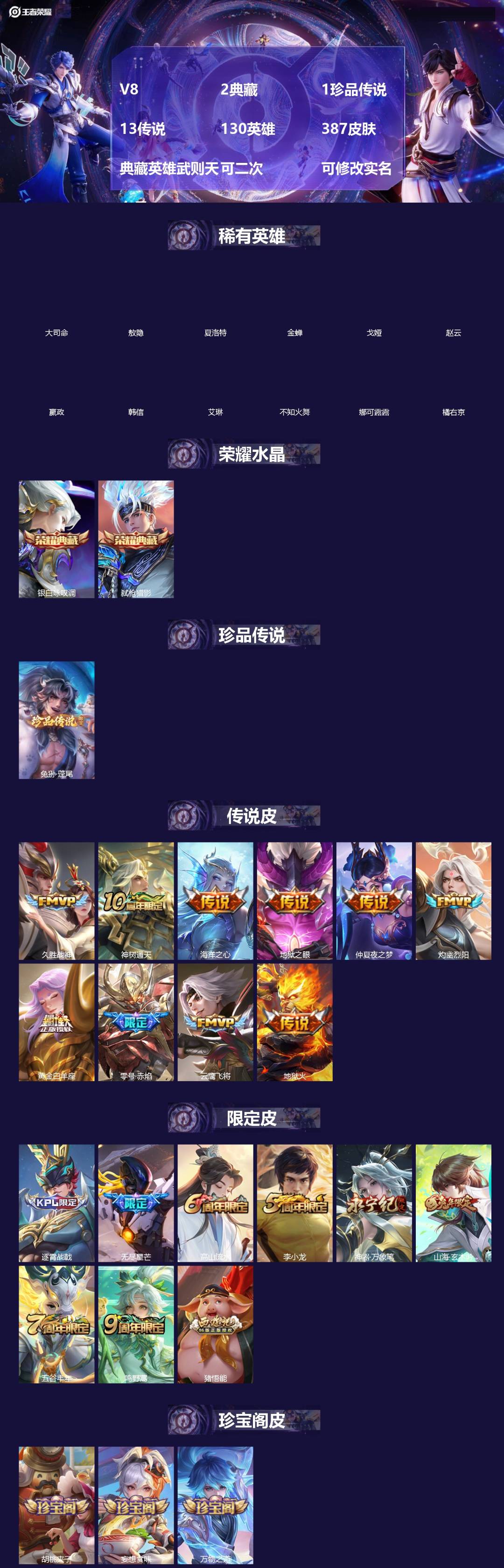 王者荣耀账号安卓QQ[]V8 2典藏 1珍品传说 13传说 130英雄 387皮肤 典藏英雄武则天 可二次 可修改实名 女号 
【英雄全皮】敖隐全皮,空空儿全皮,孙权全皮,蚩奼全皮,鬼谷子全皮,刘禅全皮,戈娅全皮,影全皮