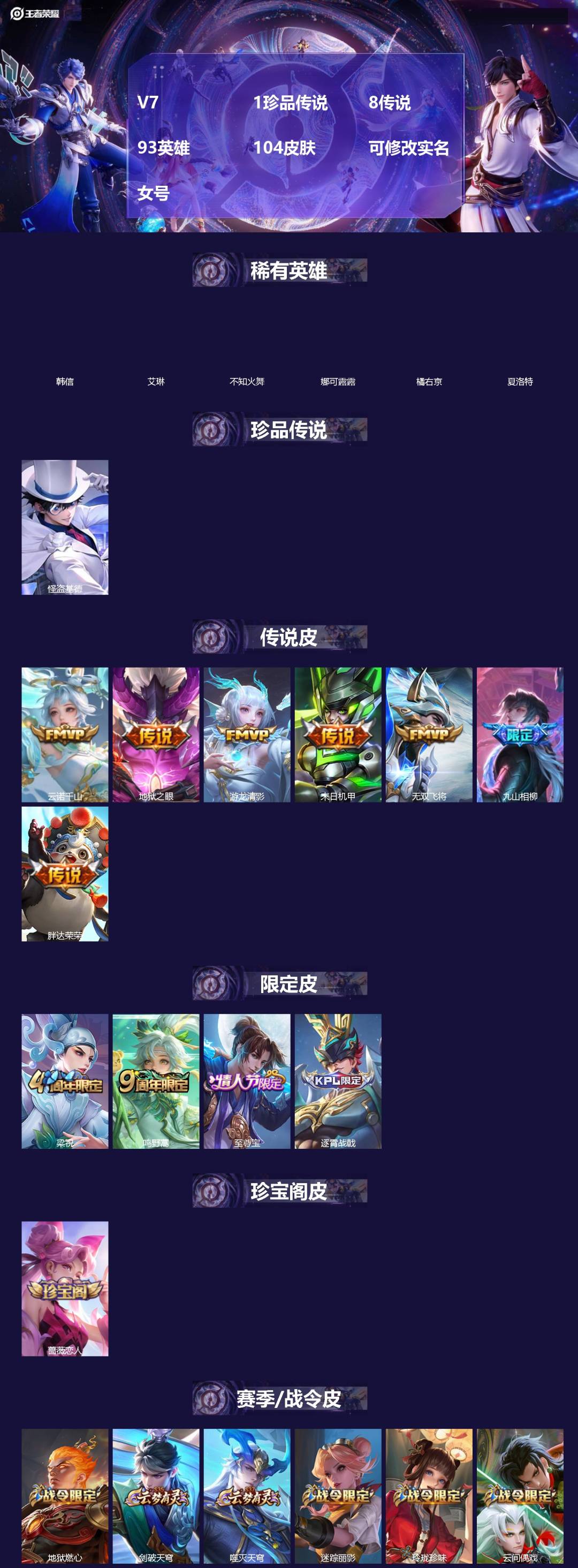 王者荣耀账号安卓QQ[]V7 1珍品传说 8传说 93英雄 104皮肤 可修改实名 女号 
【英雄全皮】蚩奼全皮,司马懿全皮 
【稀有英雄】韩信(韩跳跳),艾琳,不知火舞,娜可露露(鸟人),橘右京(橘子),夏洛特(夏师傅