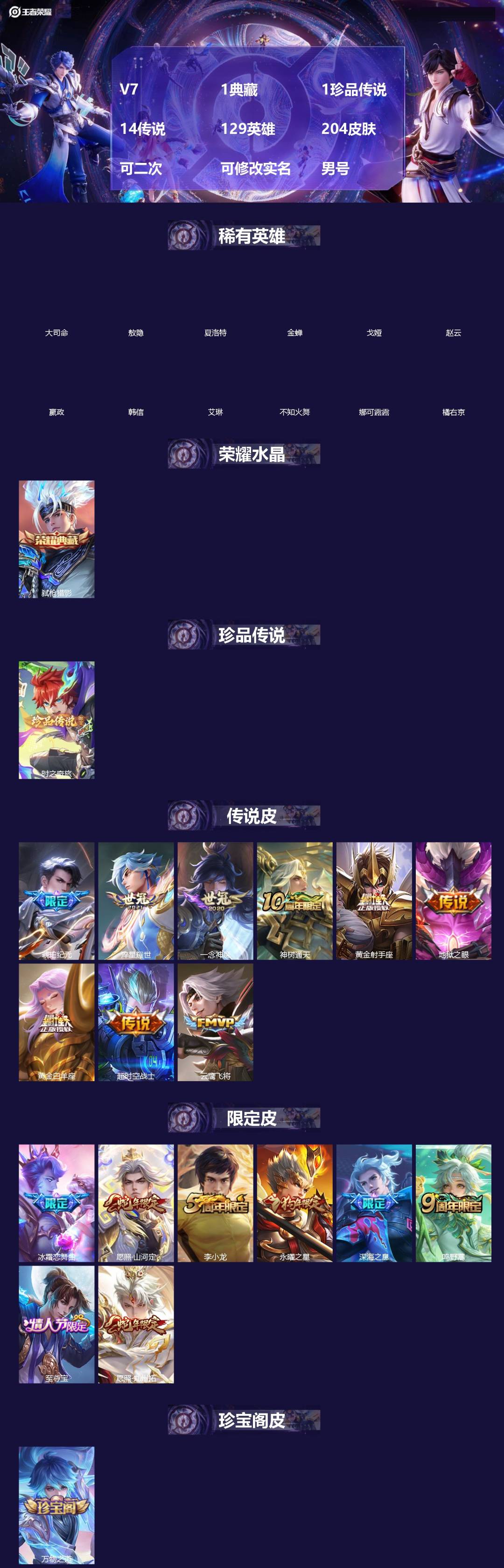 王者荣耀账号安卓QQ[]V7 1典藏 1珍品传说 14传说 129英雄 204皮肤 可二次 可修改实名 男号 
【英雄全皮】司空震全皮,敖隐全皮,空空儿全皮,孙权全皮,蚩奼全皮,影全皮,大禹全皮
【稀有英雄】敖隐(小龙人
