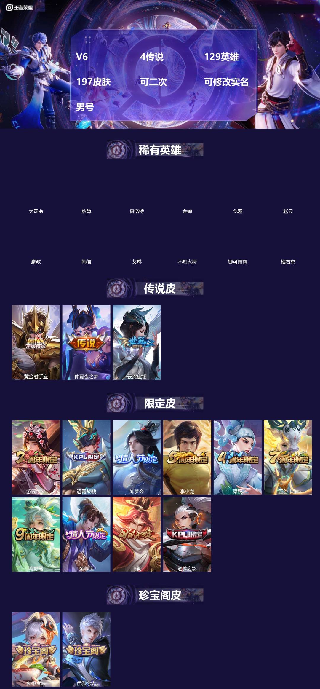 王者荣耀账号安卓QQ[18722143]V6 4传说 129英雄 197皮肤 可二次 可修改实名 男号 
【英雄全皮】大