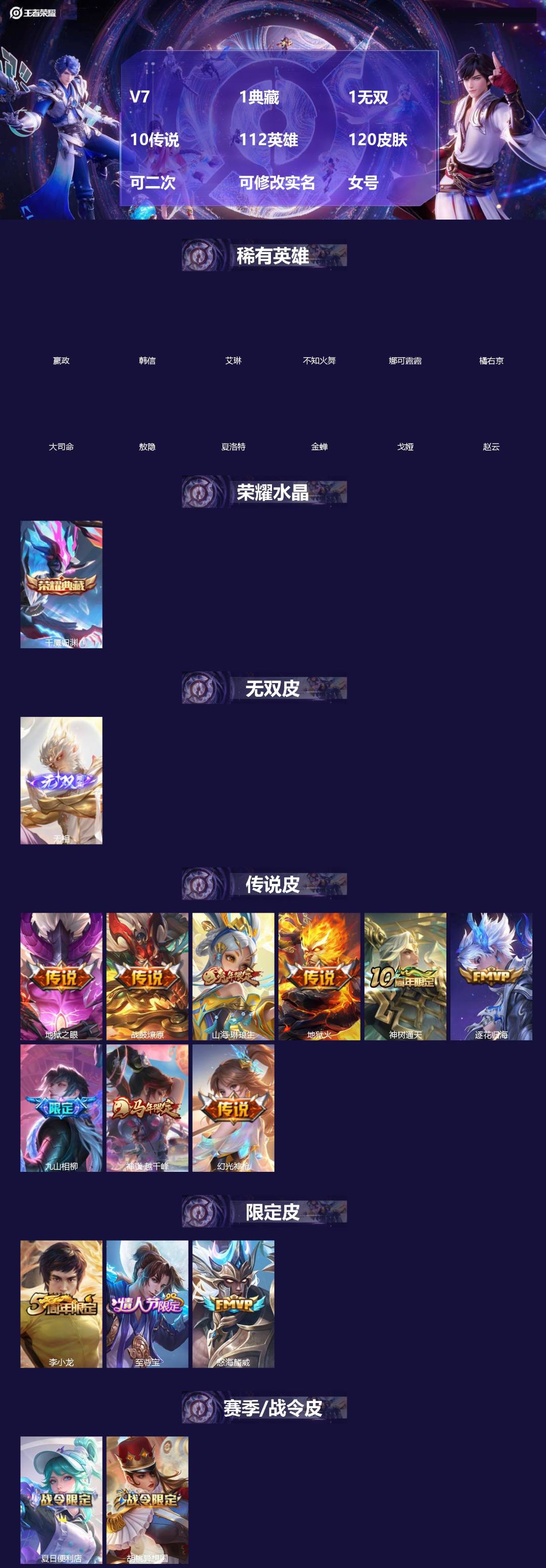 王者荣耀账号苹果QQ[]V7 1典藏 1无双 10传说 112英雄 120皮肤 可二次 可修改实名 女号 
【英雄全皮】孙权全皮,蚩奼全皮,大禹全皮
【稀有英雄】敖隐(小龙人),大司命,嬴政(始皇帝),韩信(韩跳跳),夏