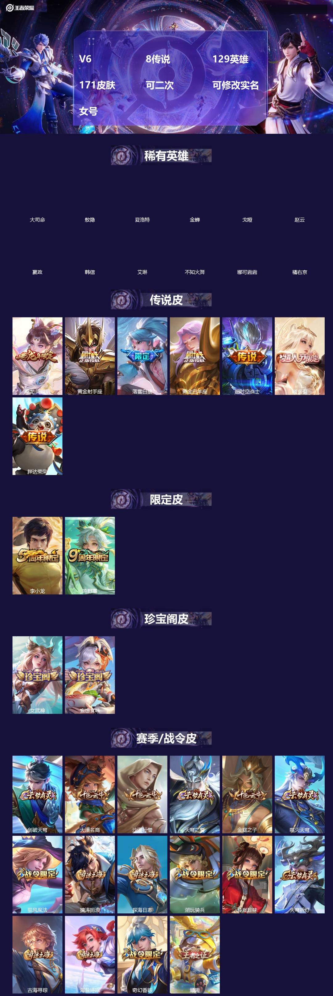 王者荣耀账号安卓QQ[]V6 8传说 129英雄 171皮肤 可二次 可修改实名 女号 
【英雄全皮】阿古朵全皮,空空儿全皮,大禹全皮
【稀有英雄】敖隐(小龙人),大司命,嬴政(始皇帝),韩信(韩跳跳),夏洛特(夏师傅)