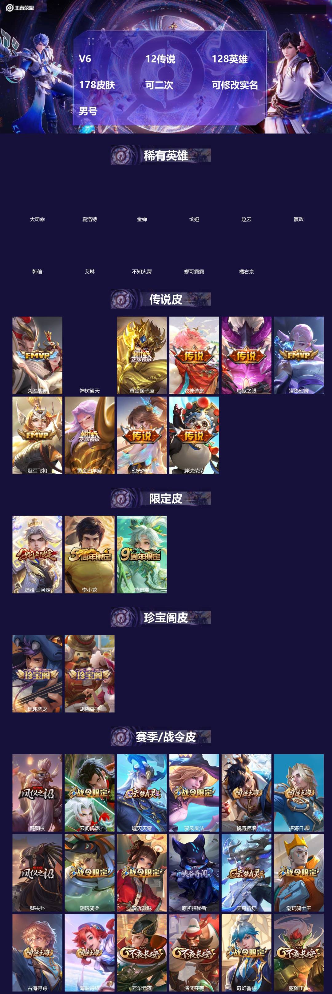 王者荣耀账号安卓QQ[]V6 12传说 128英雄 178皮肤 可二次 可修改实名 男号 
【英雄全皮】孙权全皮,大禹全皮
【稀有英雄】大司命,嬴政(始皇帝),韩信(韩跳跳),夏洛特(夏师傅),艾琳,橘右京(橘子),娜可
